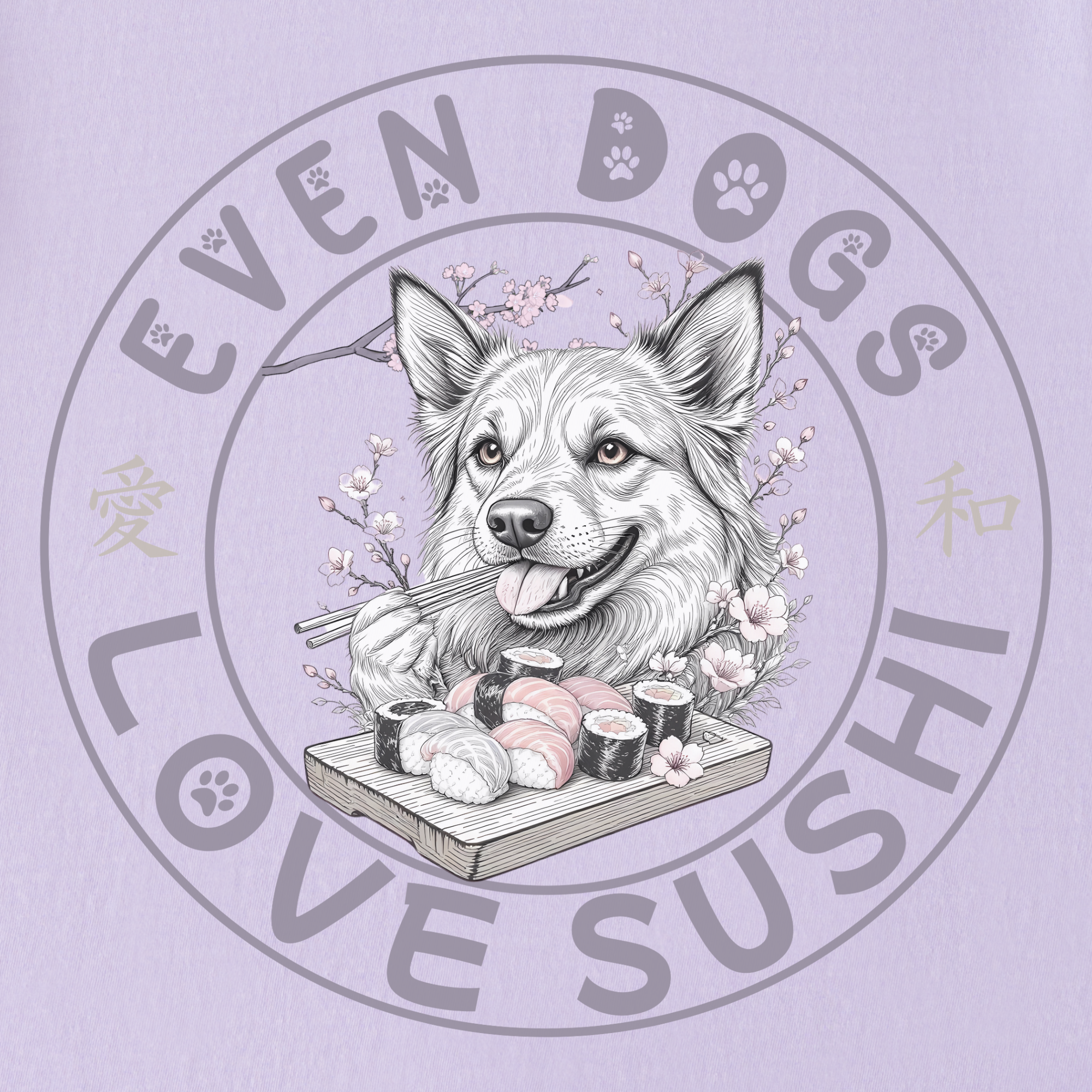 floral-even-dogs-love-sushi-plus-cherry-blossoms-dog-graphic-comfort-colors-t-shirt-in-orchid - Orchid Full Graphic