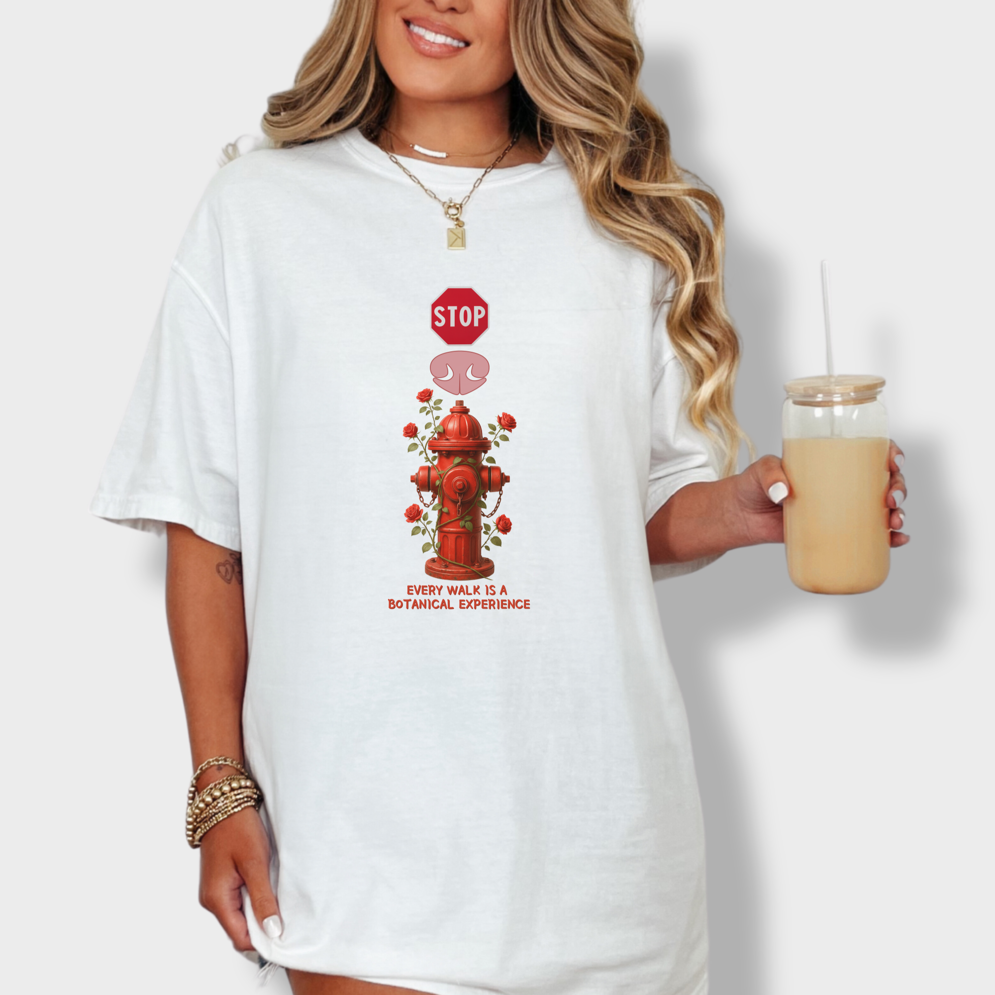 floral-every-walk-is-a-botanical-experience-dog-graphic-comfort-colors-t-shirt-in-white - White Lifestyle Female Model