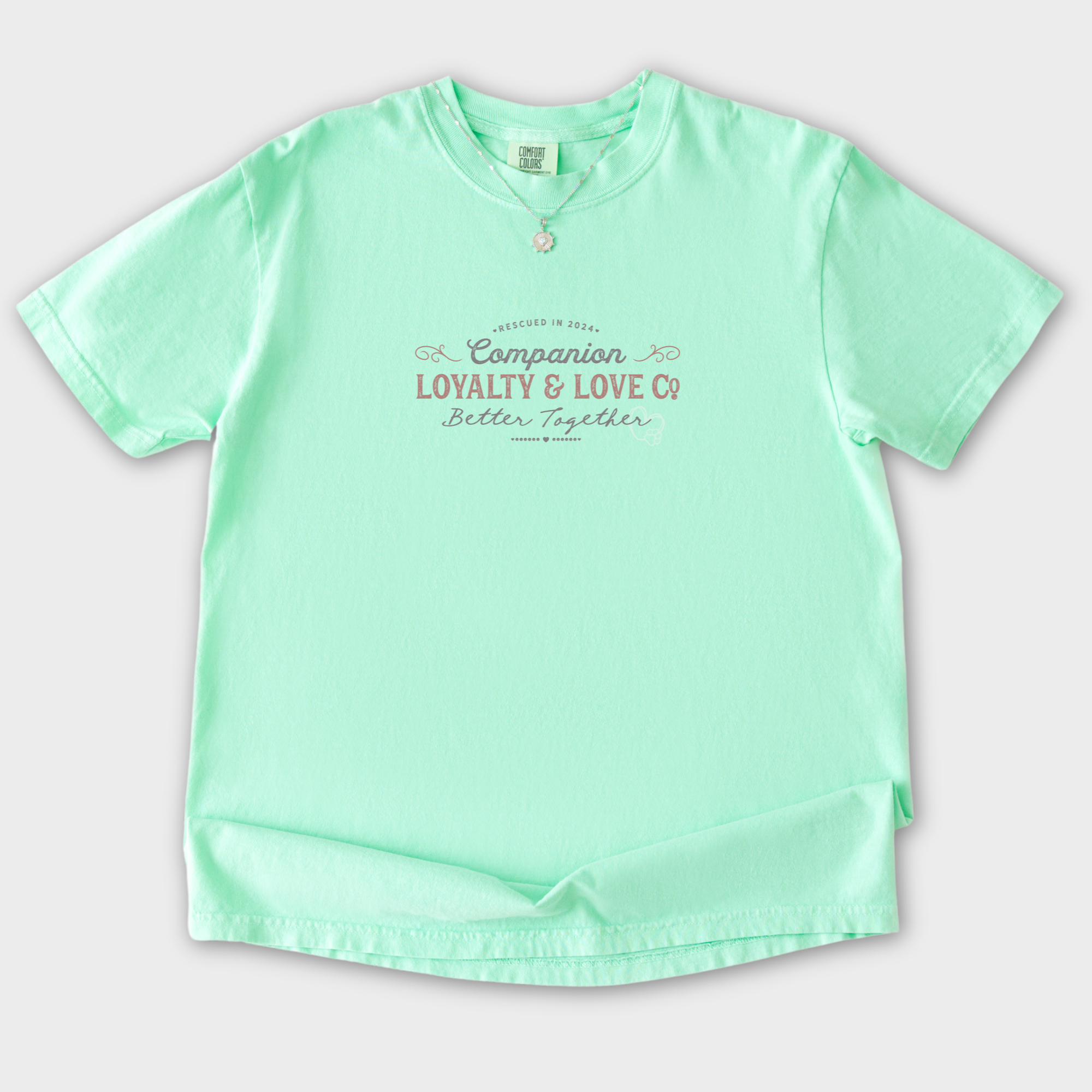 vintage-companions-better-together-company-pet-text-comfort-colors-t-shirt-in-island-reef - Island Reef Flat Lay Front