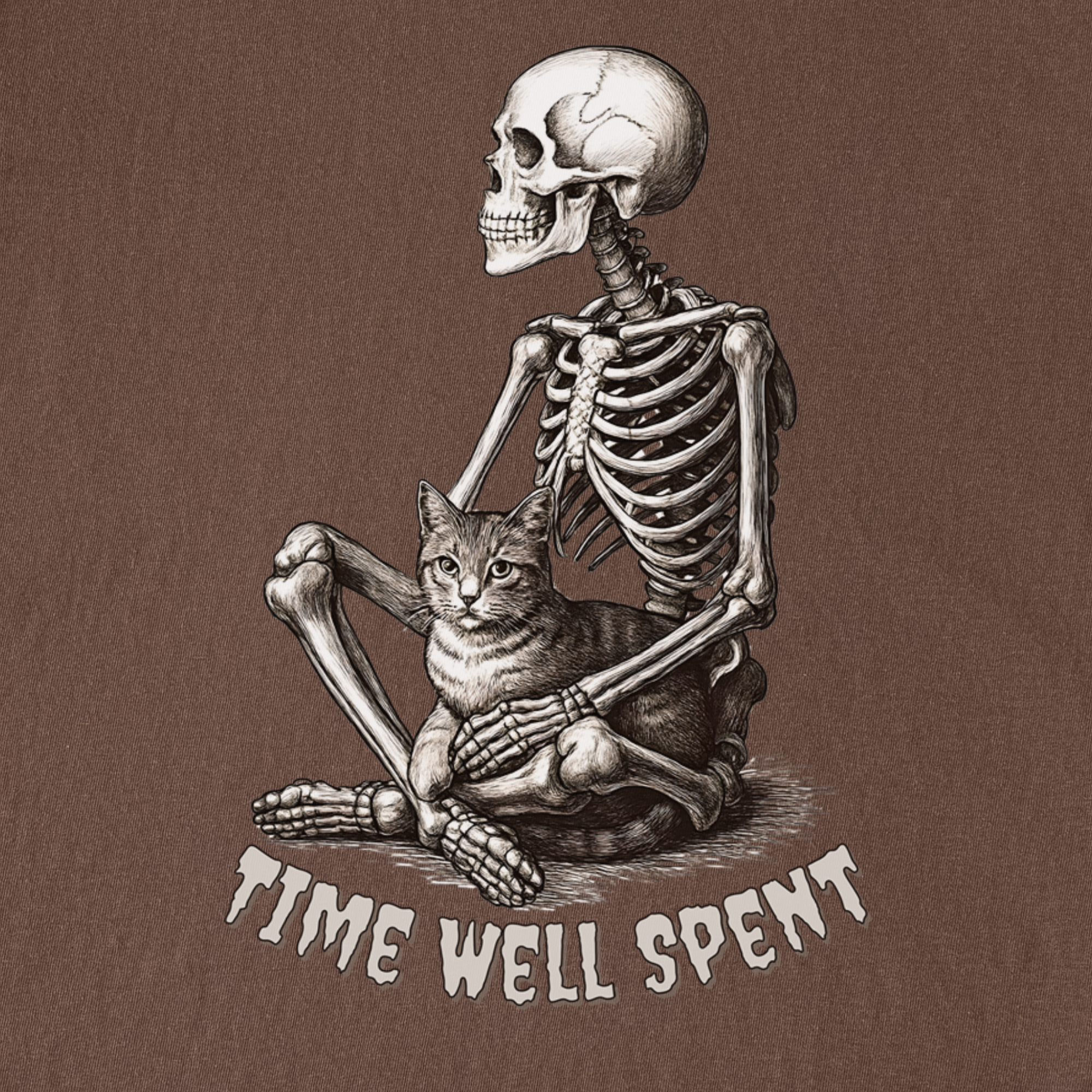 line-art-sit-still-skeleton-petting-cat-cat-skeleton-comfort-colors-t-shirt-in-espresso - Espresso Full Graphic