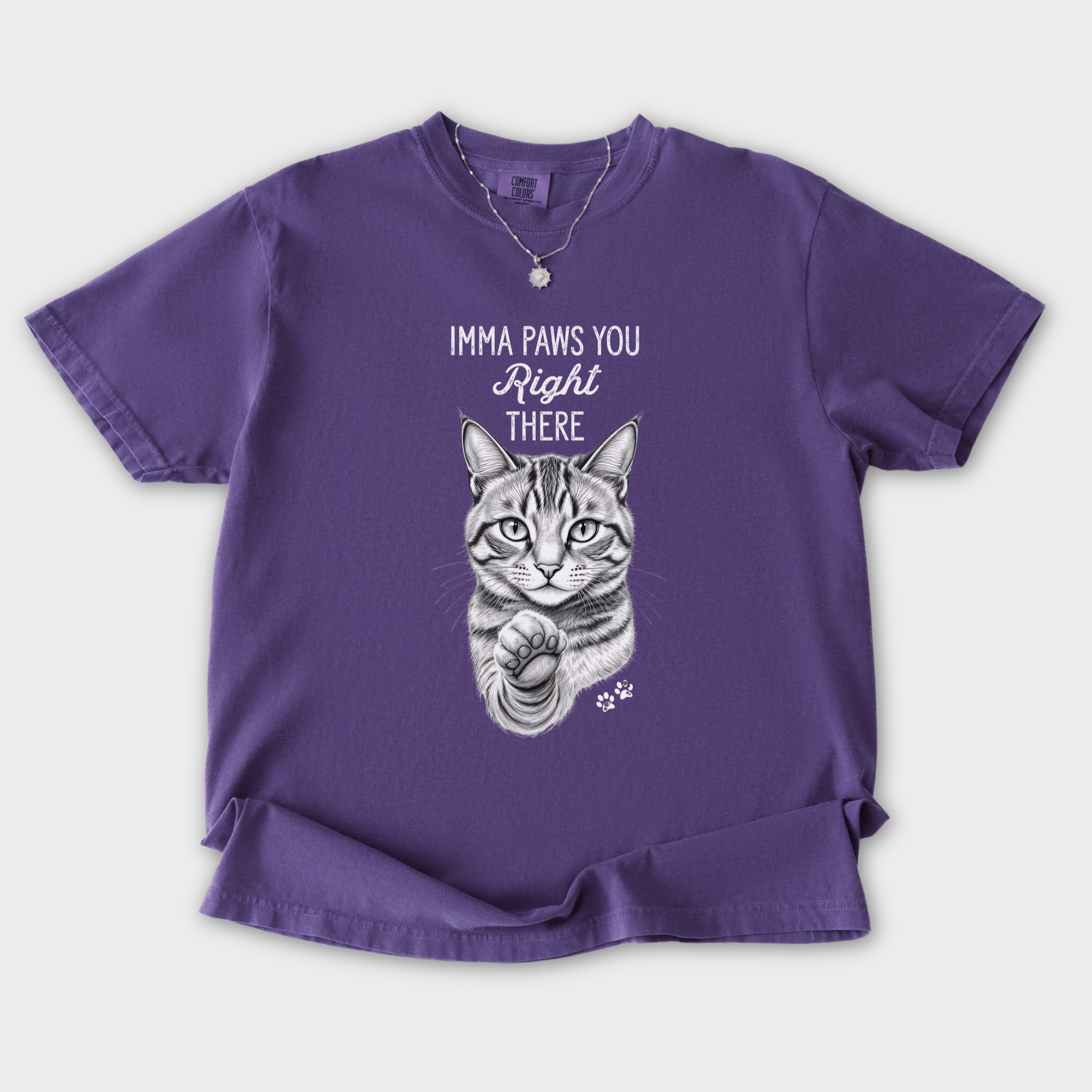 vintage-imma-paws-you-right-there-cat-line-art-comfort-colors-t-shirt-in-grape - Grape Flat Lay Front