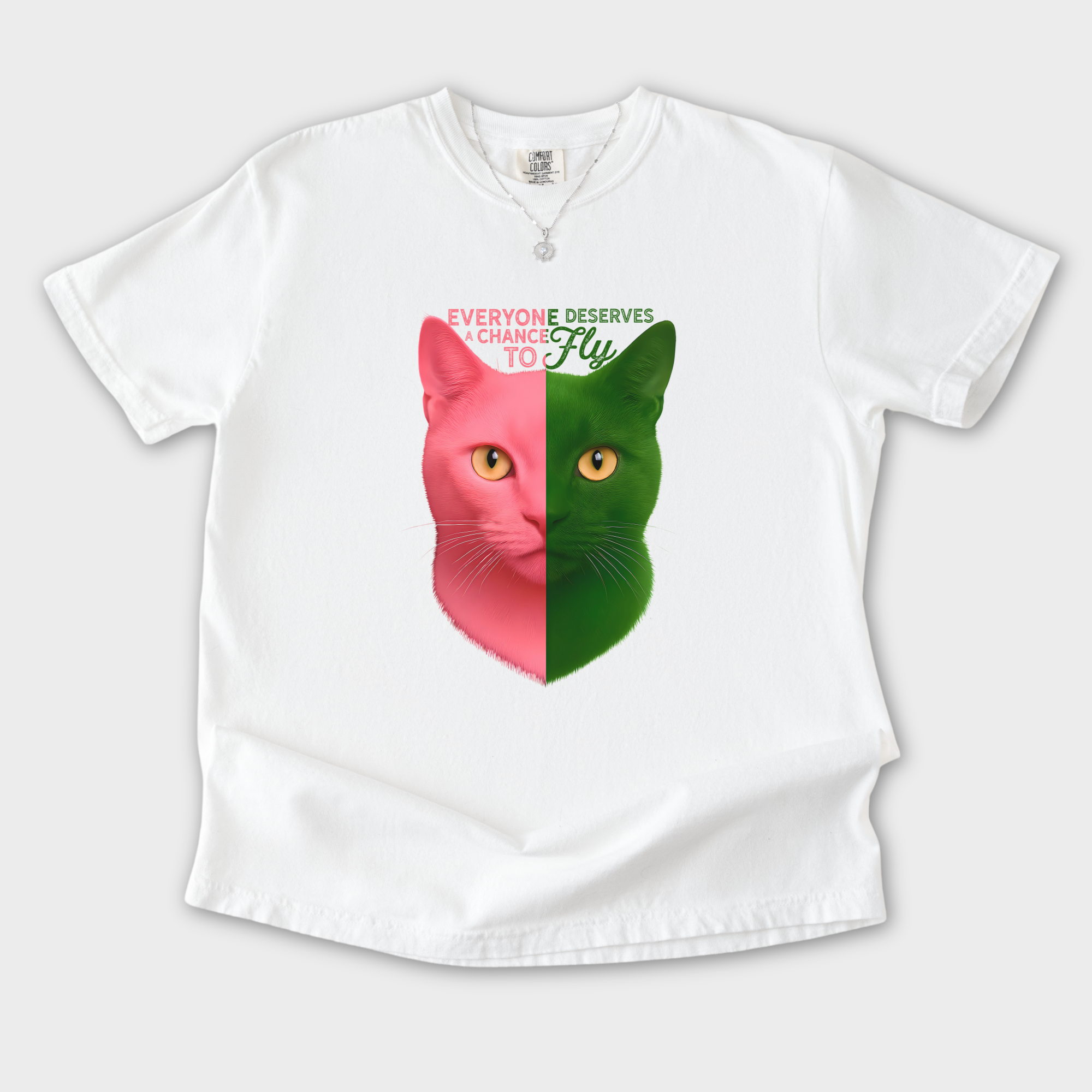 movie-inspired-everyone-deserves-a-chance-to-fly-cat-graphic-comfort-colors-t-shirt-in-white - White Flat Lay Front