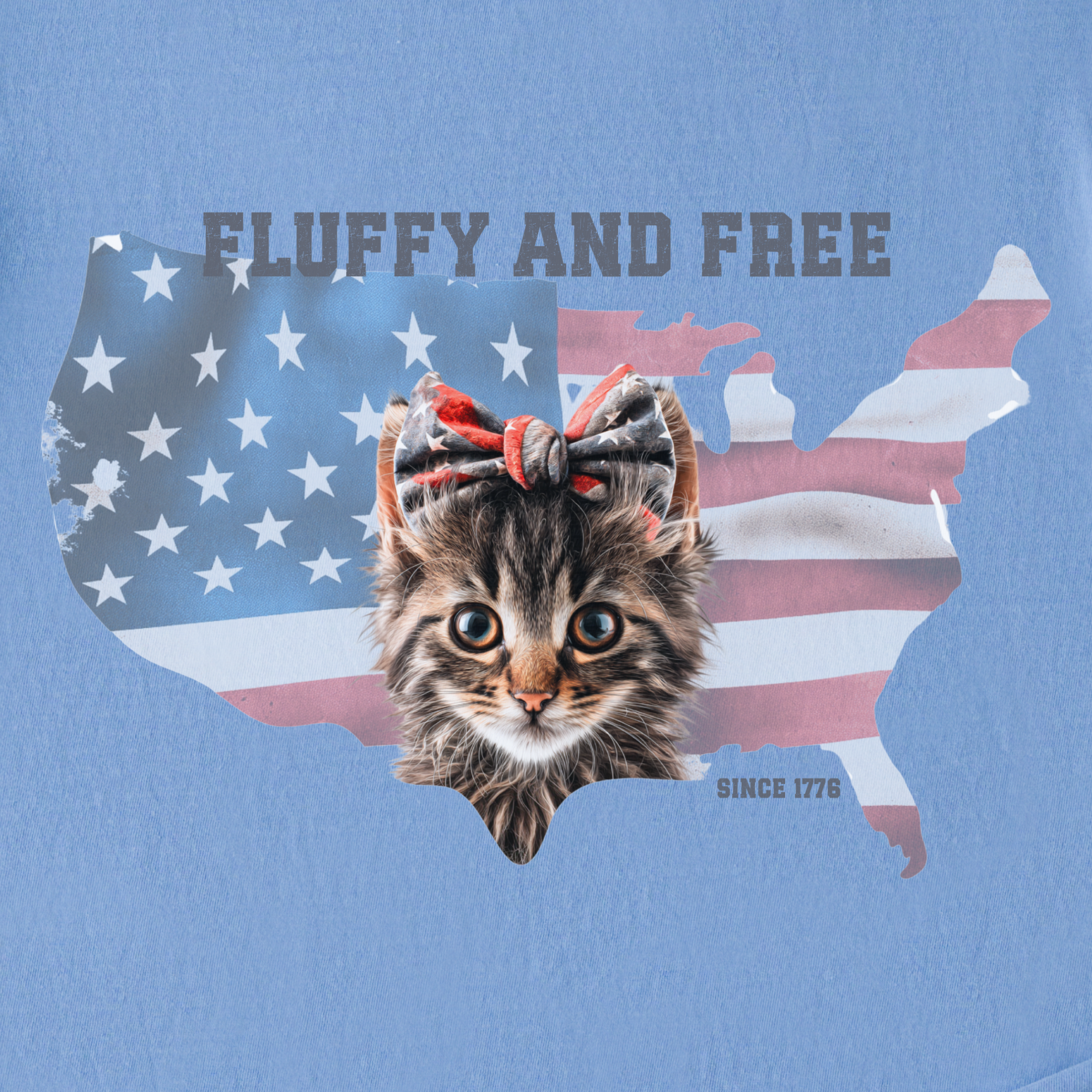 retro-fluffy-and-free-fourth-of-july-kitty-cat-graphic-comfort-colors-t-shirt-in-washed-denim - Washed Denim Full Graphic