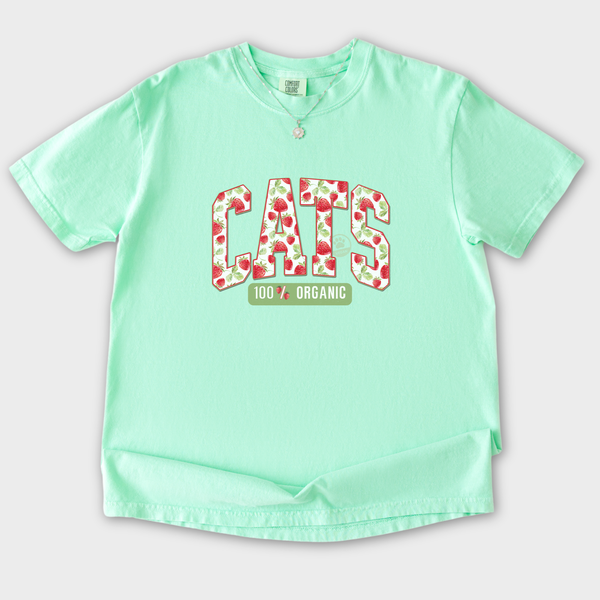 floral-vintage-strawberry-market-cats-organic-cat-text-comfort-colors-t-shirt-in-island-reef - Island Reef Flat Lay Front