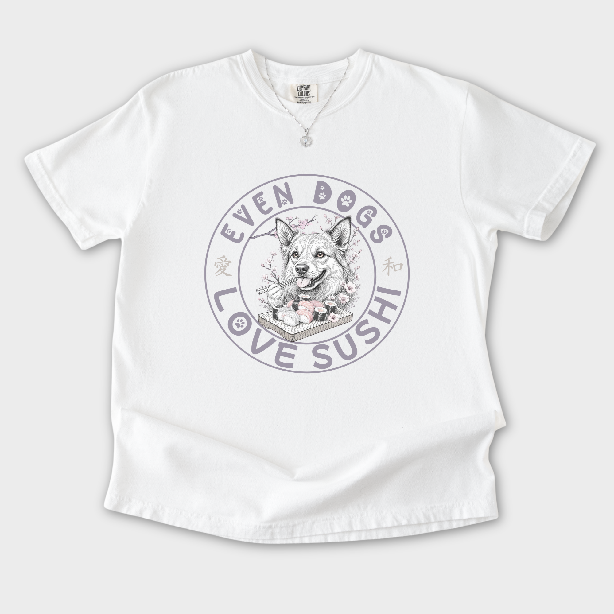 floral-even-dogs-love-sushi-plus-cherry-blossoms-dog-graphic-comfort-colors-t-shirt-in-white - White Flat Lay Front