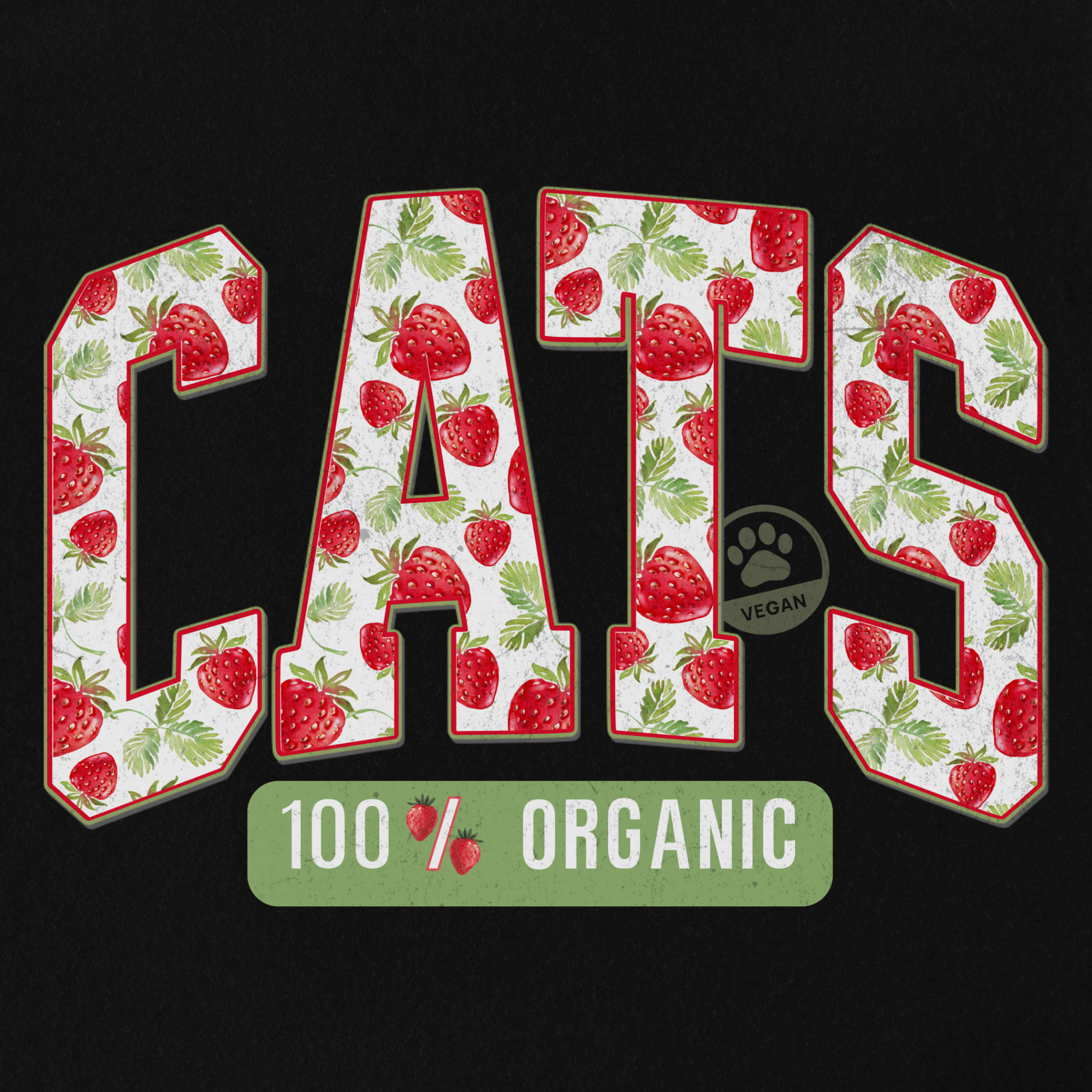 floral-vintage-strawberry-market-cats-organic-cat-text-comfort-colors-t-shirt-in-black - Black Full Graphic