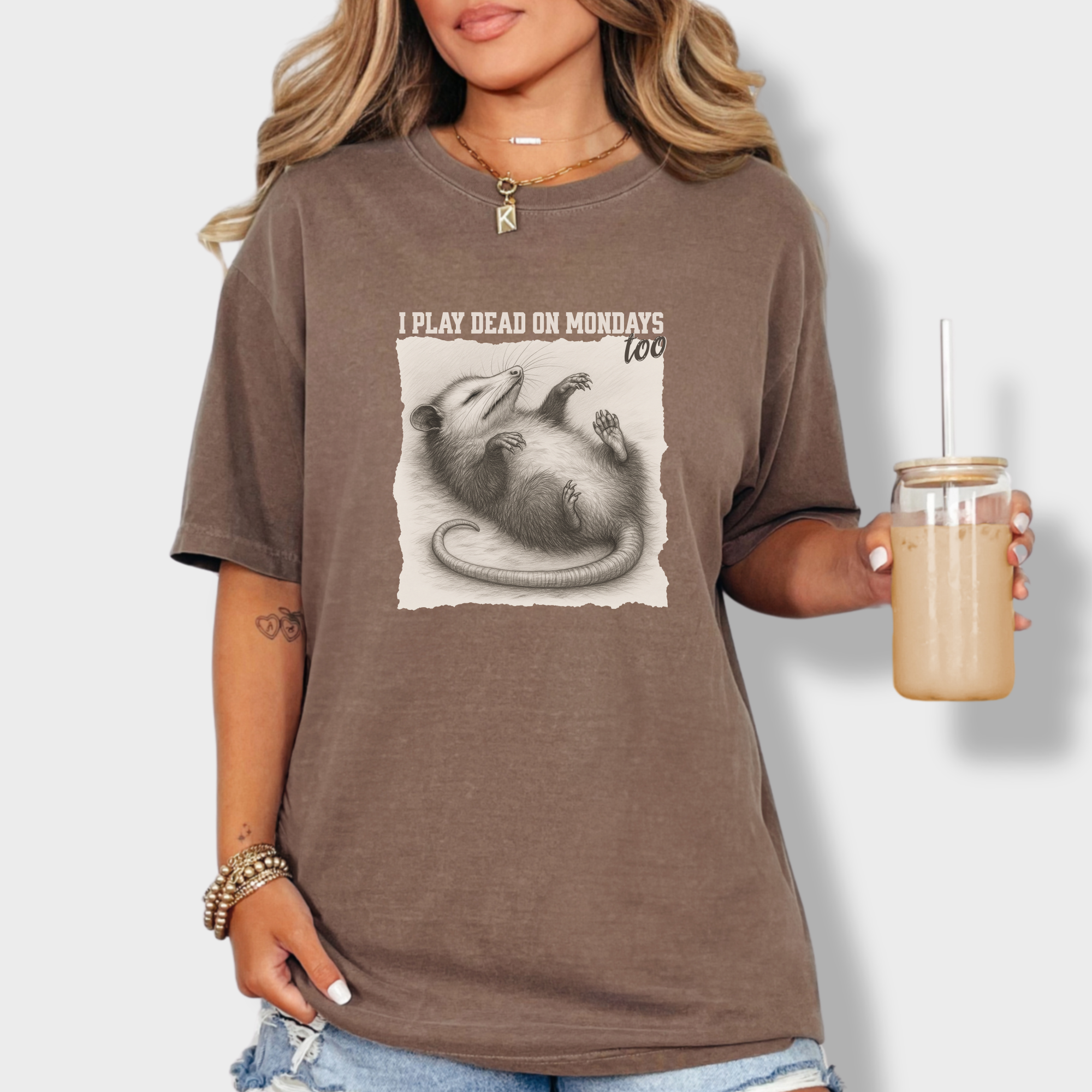 western-i-play-dead-on-mondays-too-feral-line-art-comfort-colors-t-shirt-in-espresso - Espresso Lifestyle Female Model