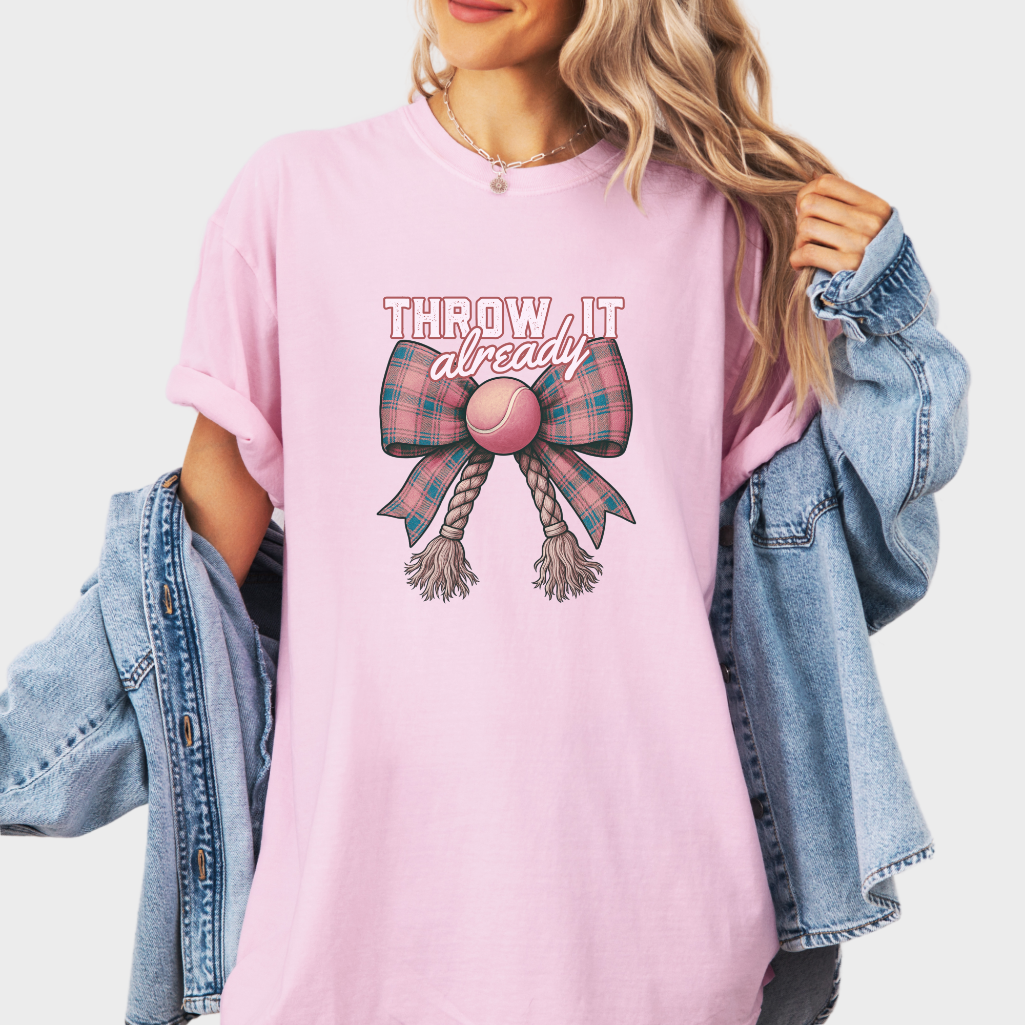 retro-throw-it-already-dog-chew-toy-bow-in-pink-dog-bow-comfort-colors-t-shirt-in-blossom - Blossom Lifestyle Female Model