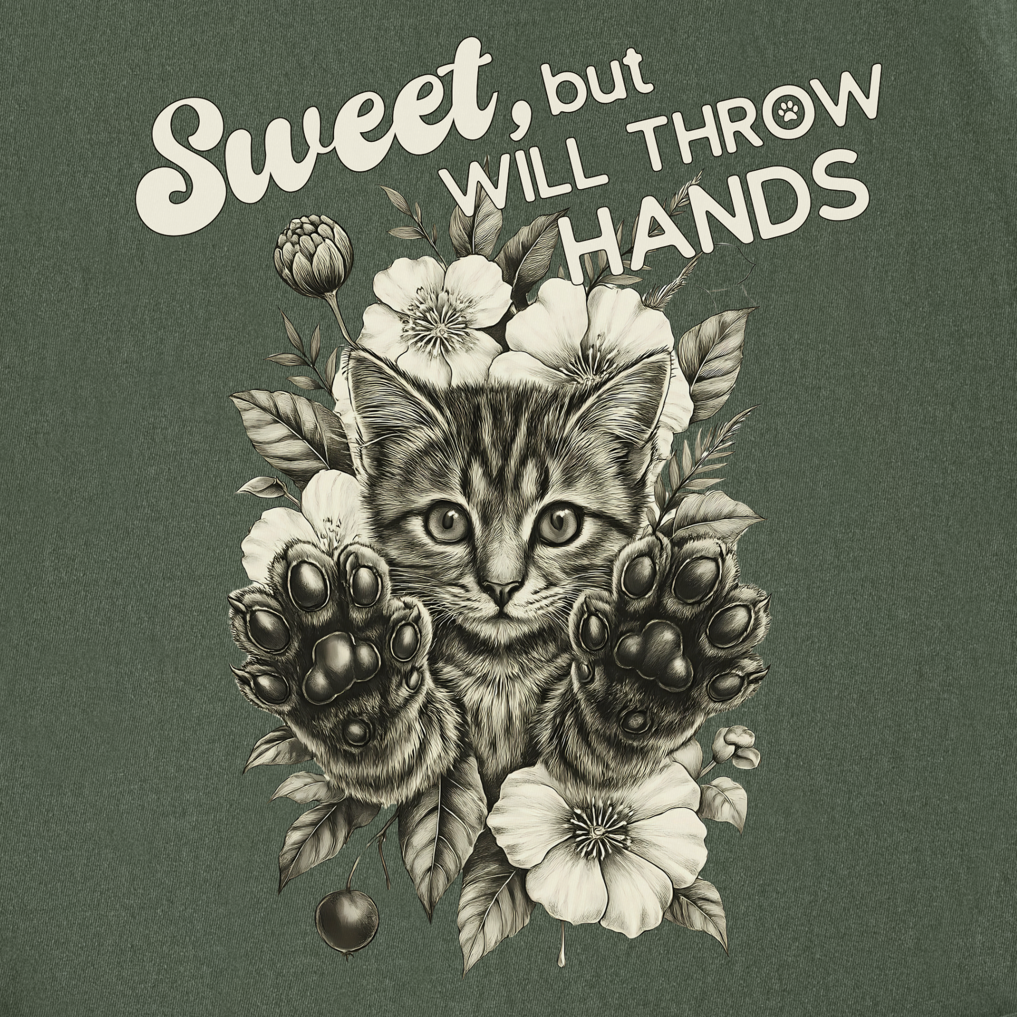 minimalist-sweet-but-will-throw-hands-cat-text-comfort-colors-t-shirt-in-moss - Moss Full Graphic