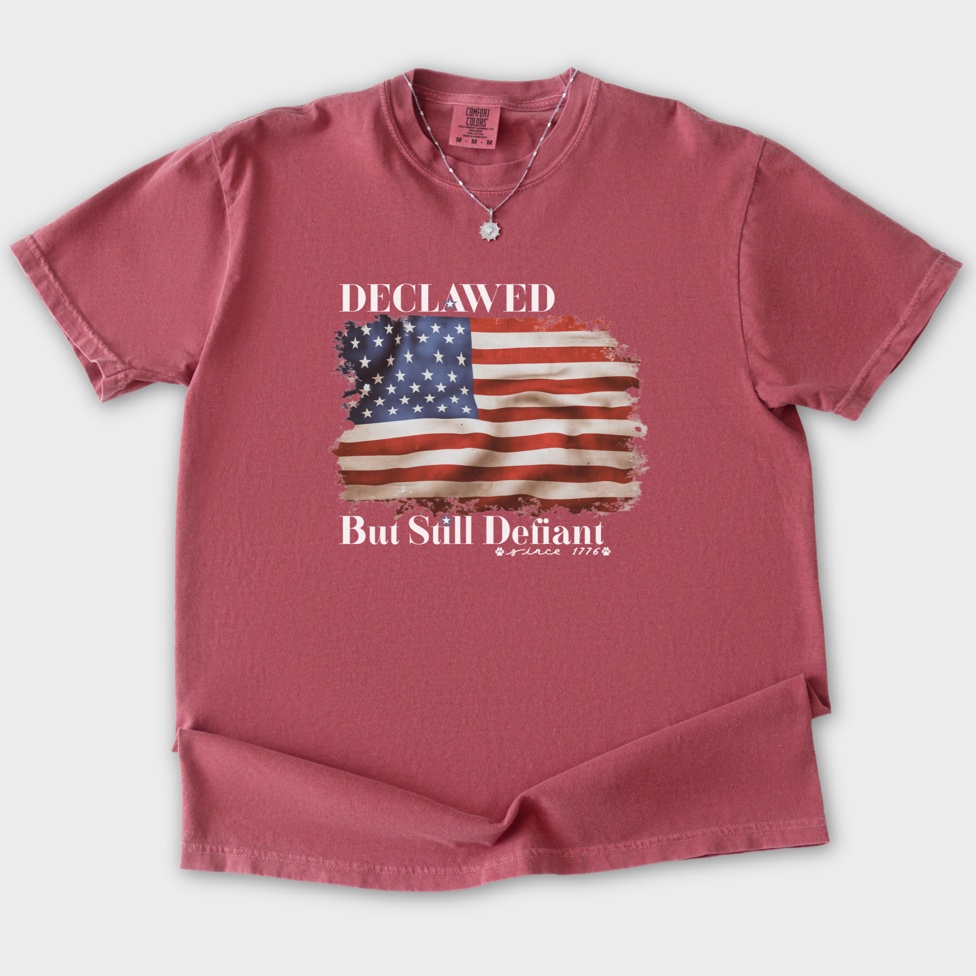 vintage-declawed-but-still-defiant-fourth-of-july-united-states-flag-cat-graphic-comfort-colors-t-shirt-in-crimson - Crimson Flat Lay Front