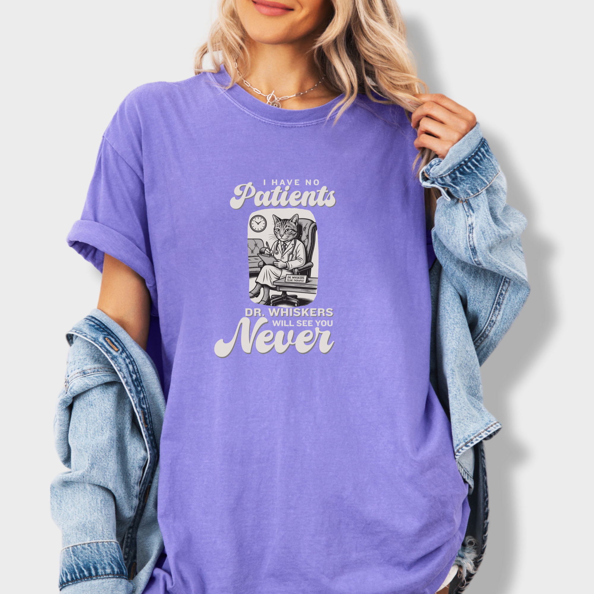 retro-i-have-no-patients-cat-graphic-comfort-colors-t-shirt-in-violet - Violet Lifestyle Female Model
