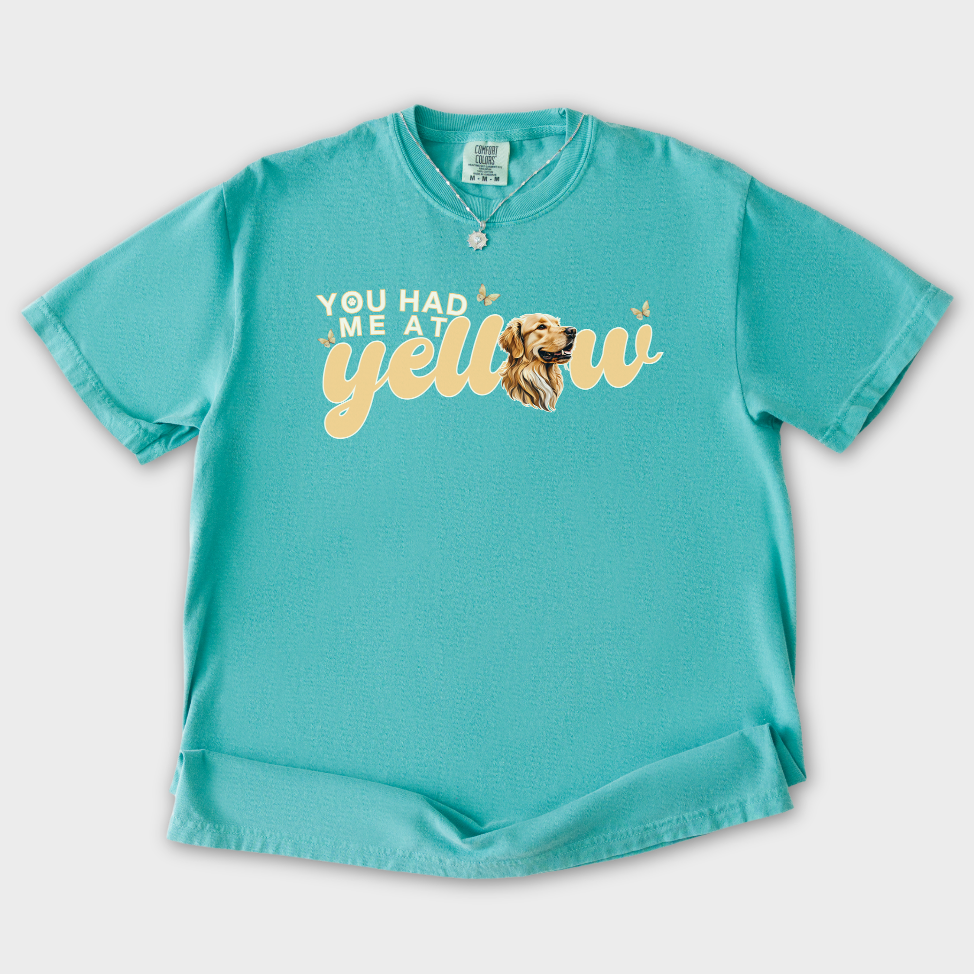 movie-inspired-you-had-me-at-yellow-labrardor-retreiver-dog-text-comfort-colors-t-shirt-in-seafoam - Seafoam Flat Lay Front