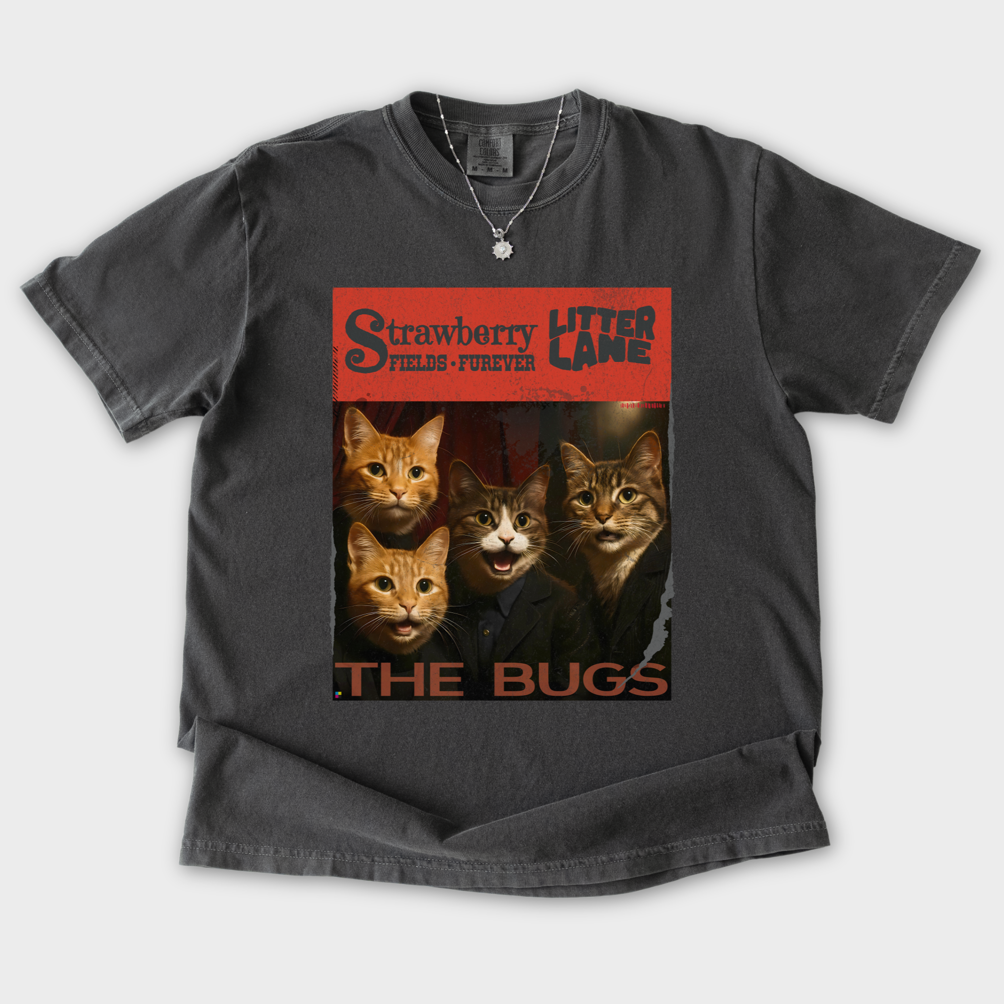vintage-strawberry-fields-furever-litter-lane-famous-cat-musician-album-cover-cat-graphic-comfort-colors-t-shirt-in-pepper - Pepper Flat Lay Front