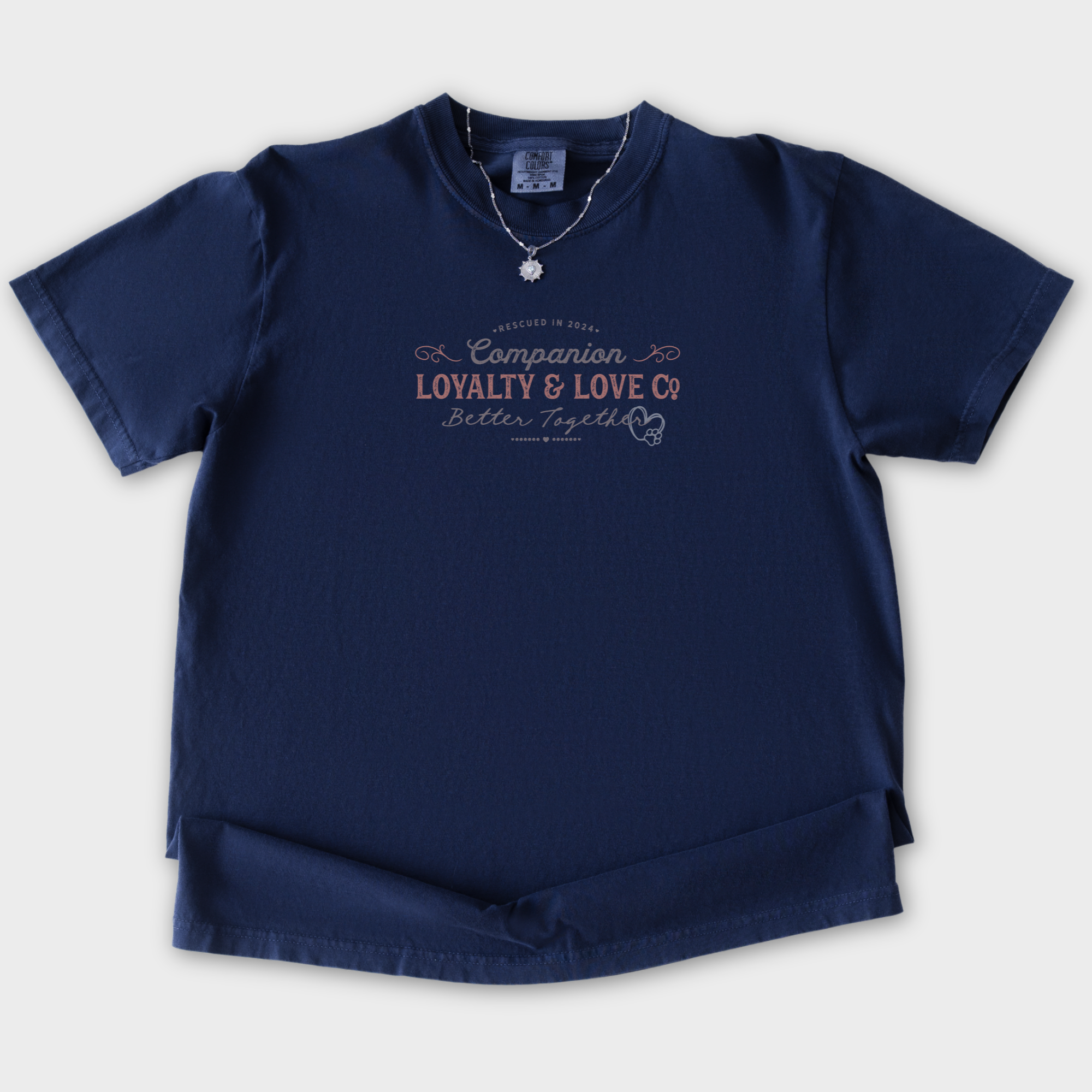 vintage-companions-better-together-company-pet-text-comfort-colors-t-shirt-in-true-navy - True Navy Flat Lay Front