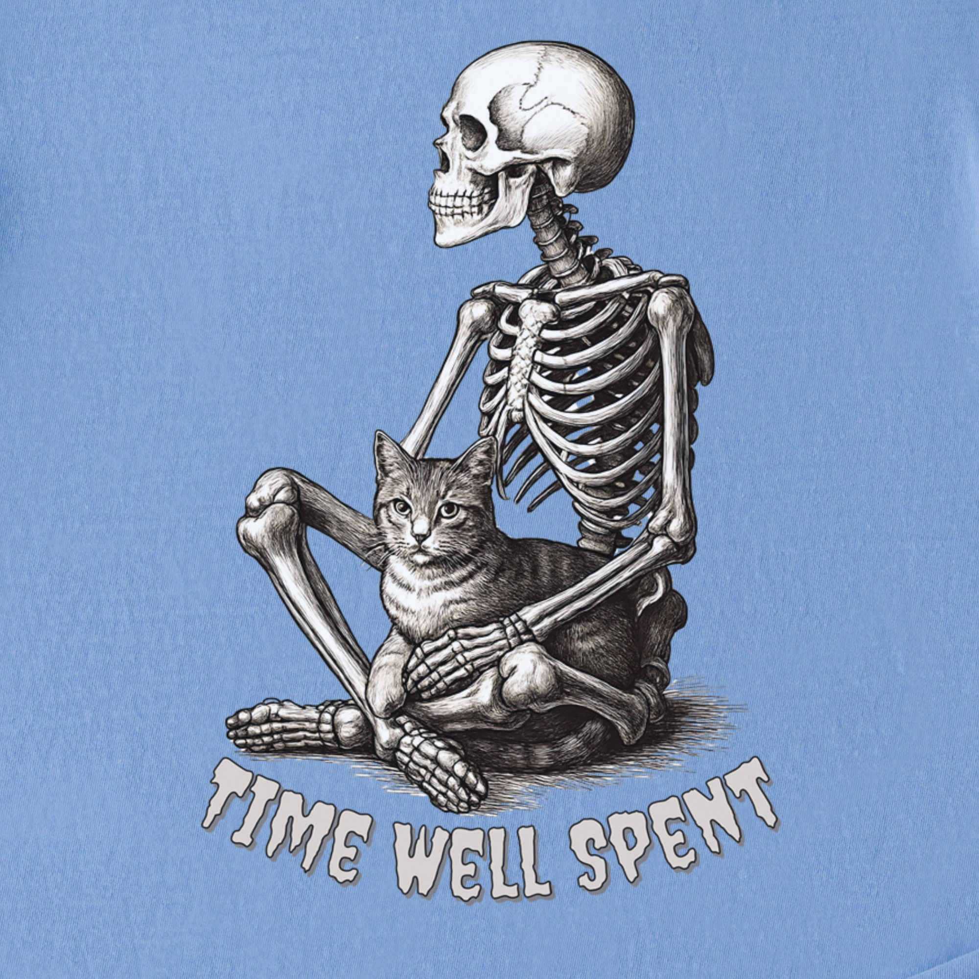 line-art-sit-still-skeleton-petting-cat-cat-skeleton-comfort-colors-t-shirt-in-washed-denim - Washed Denim Full Graphic
