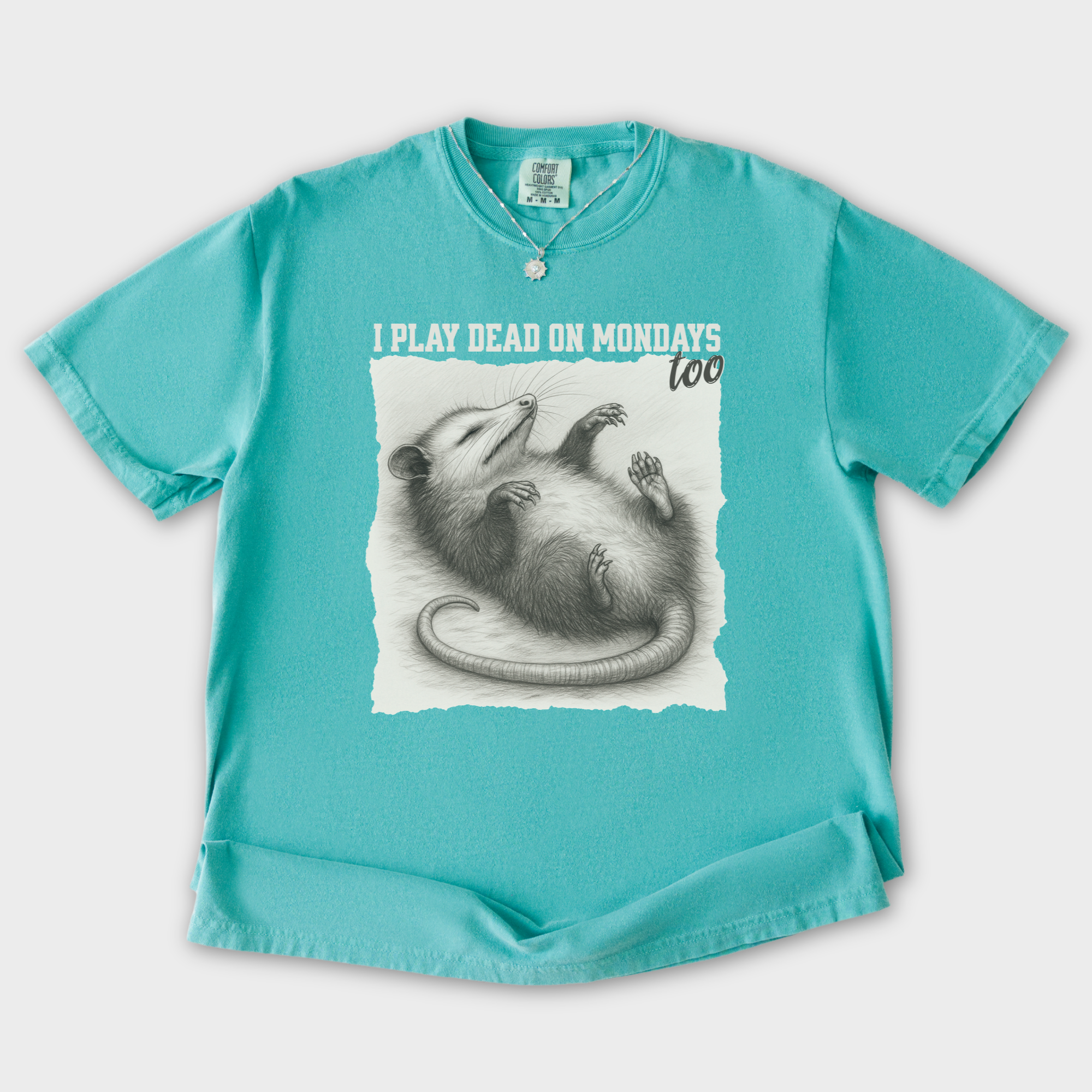 western-i-play-dead-on-mondays-too-feral-line-art-comfort-colors-t-shirt-in-seafoam - Seafoam Flat Lay Front