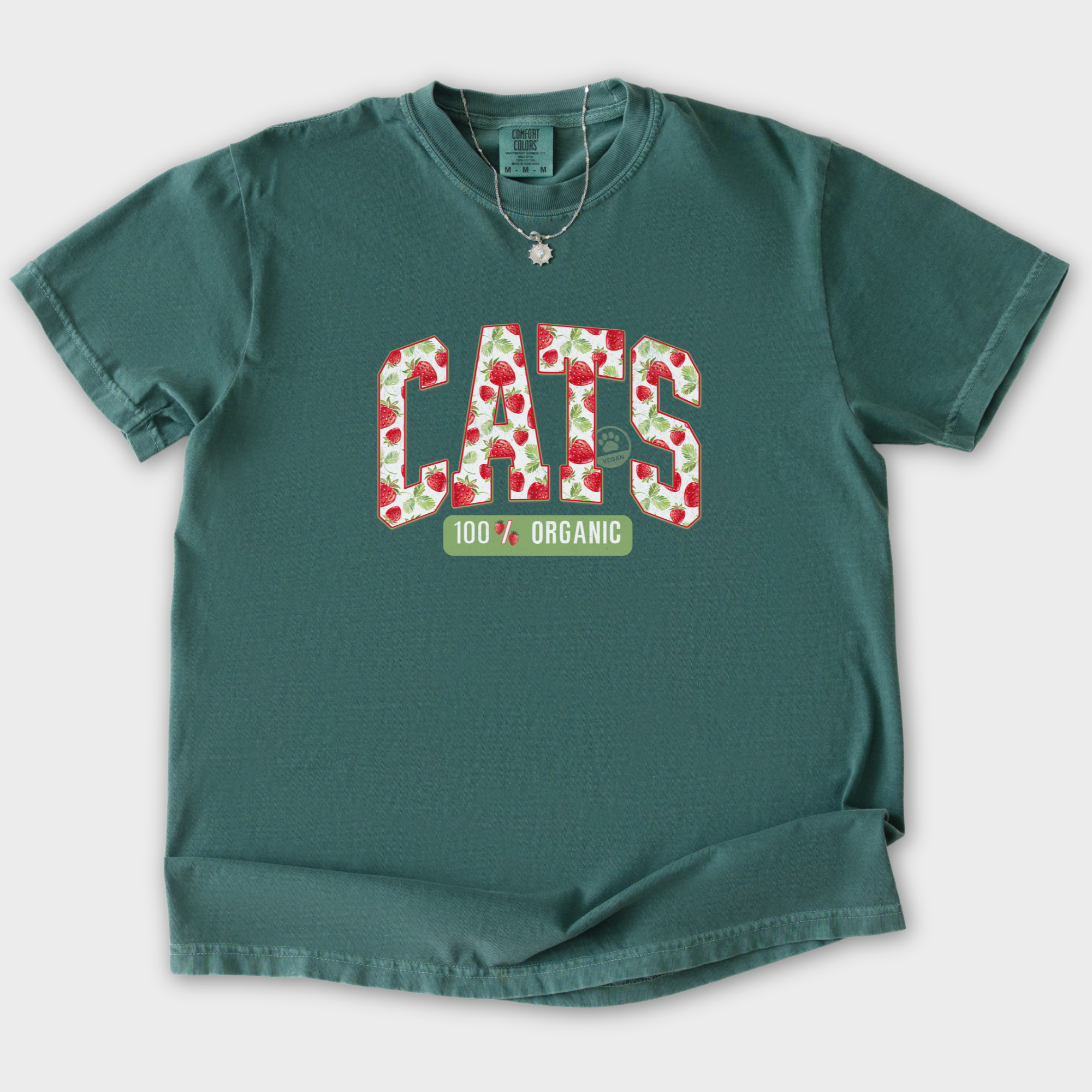 floral-vintage-strawberry-market-cats-organic-cat-text-comfort-colors-t-shirt-in-blue-spruce - Blue Spruce Flat Lay Front