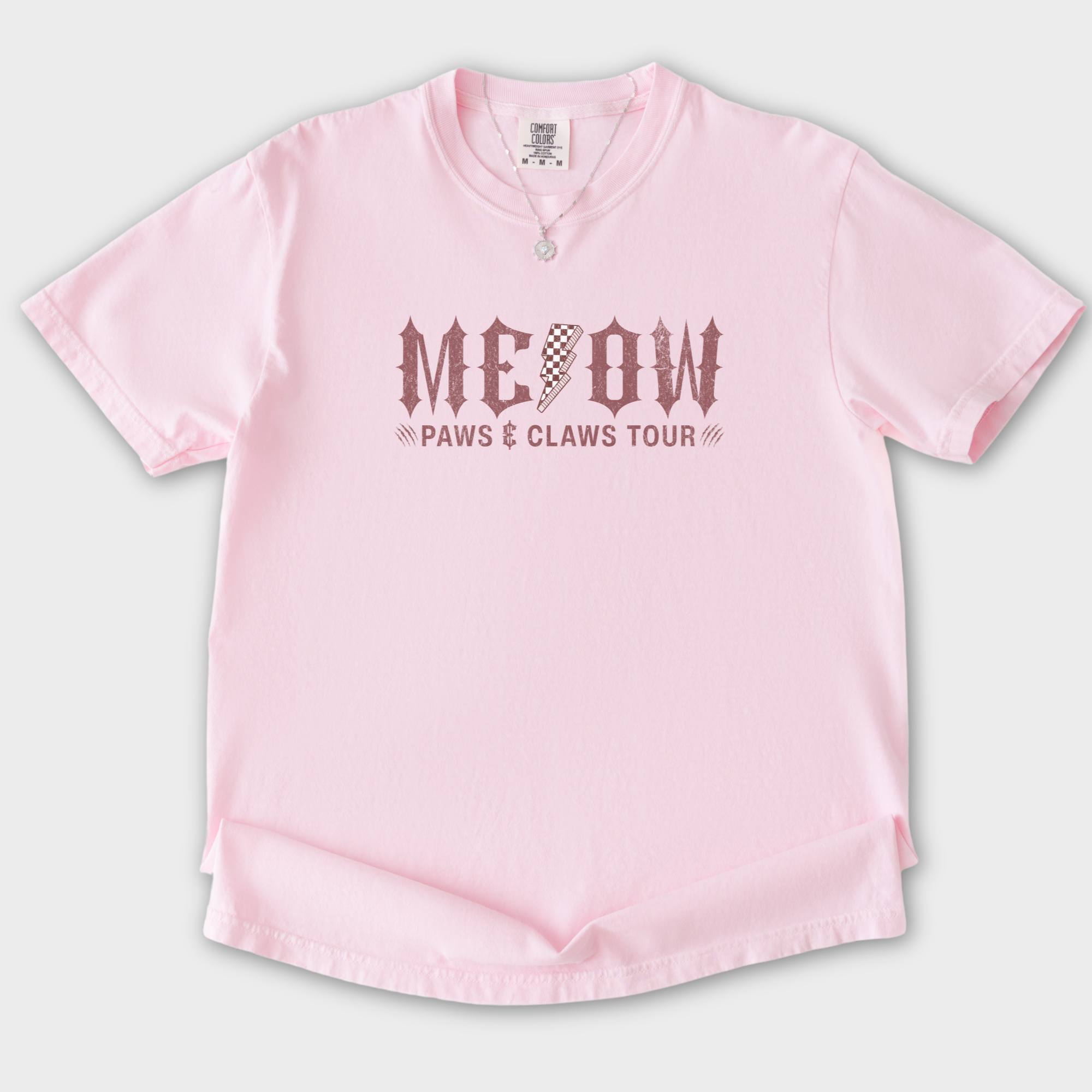 retro-meow-paws-and-claws-tour-cat-graphic-comfort-colors-t-shirt-in-blossom - Blossom Flat Lay Front