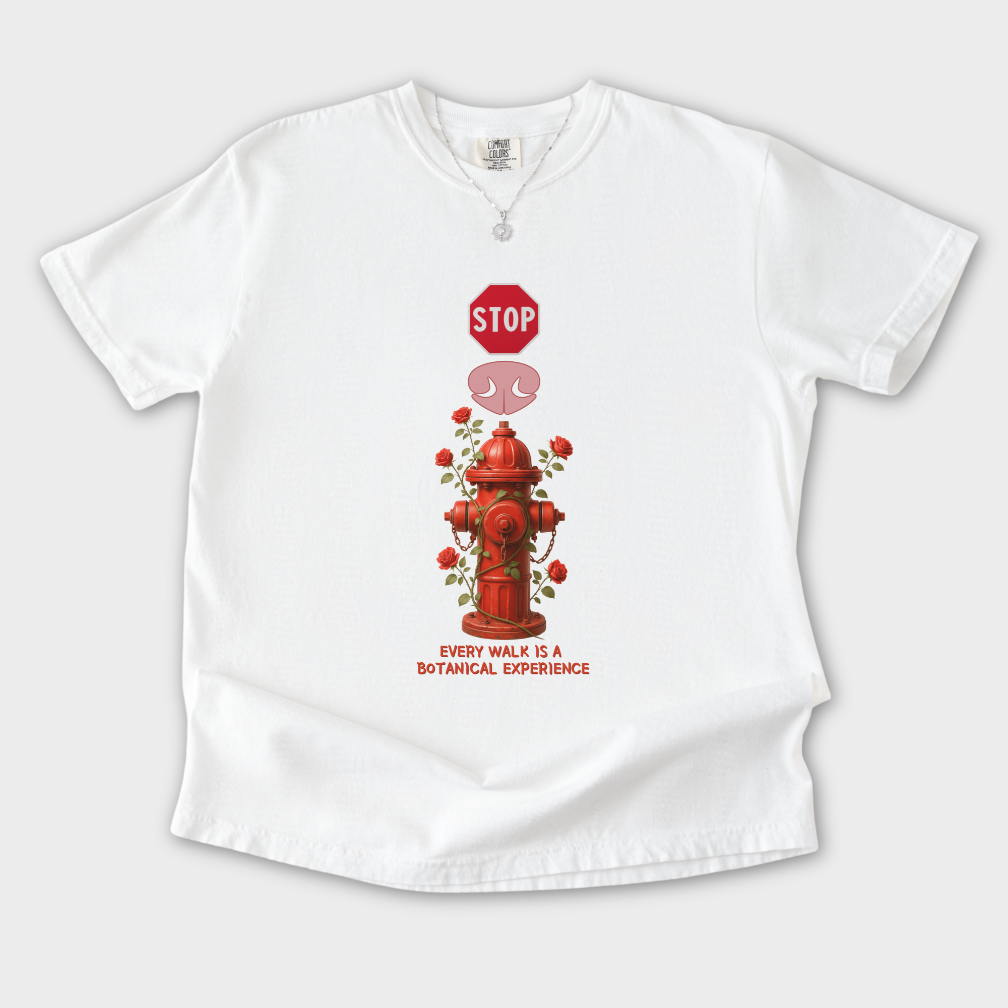 floral-every-walk-is-a-botanical-experience-dog-graphic-comfort-colors-t-shirt-in-white - White Flat Lay Front