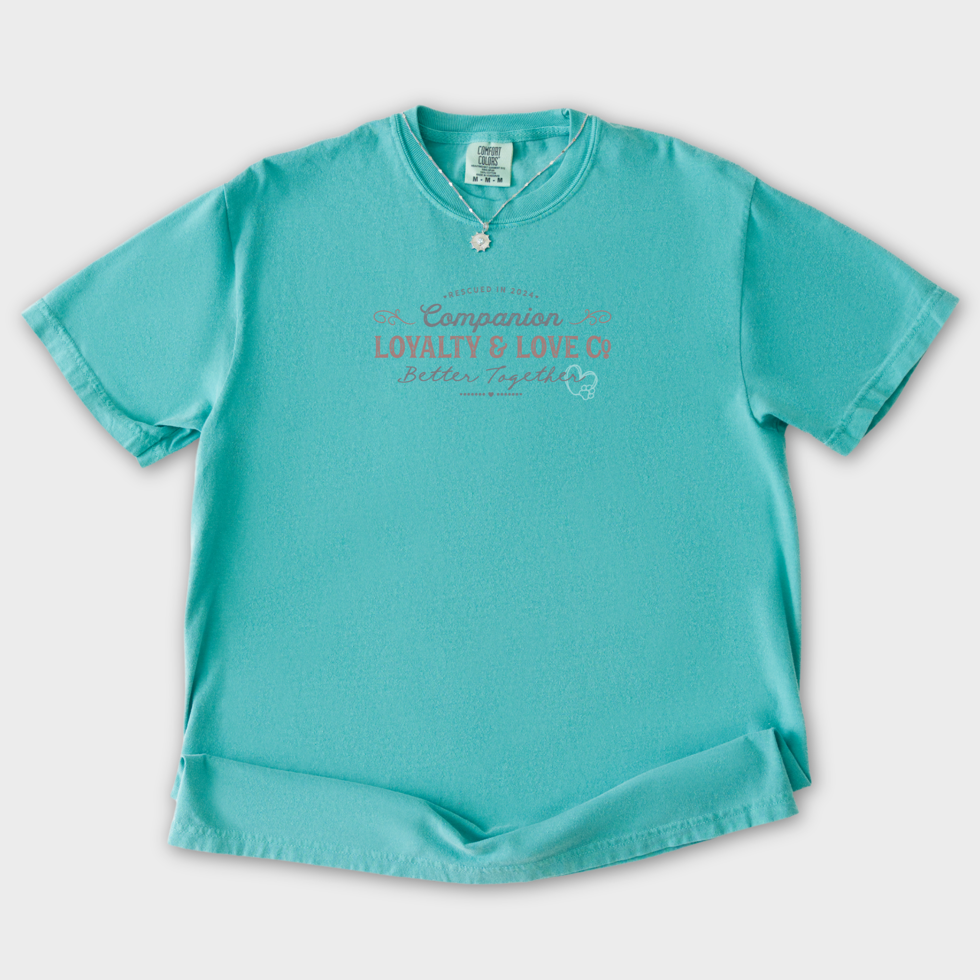 vintage-companions-better-together-company-pet-text-comfort-colors-t-shirt-in-seafoam - Seafoam Flat Lay Front