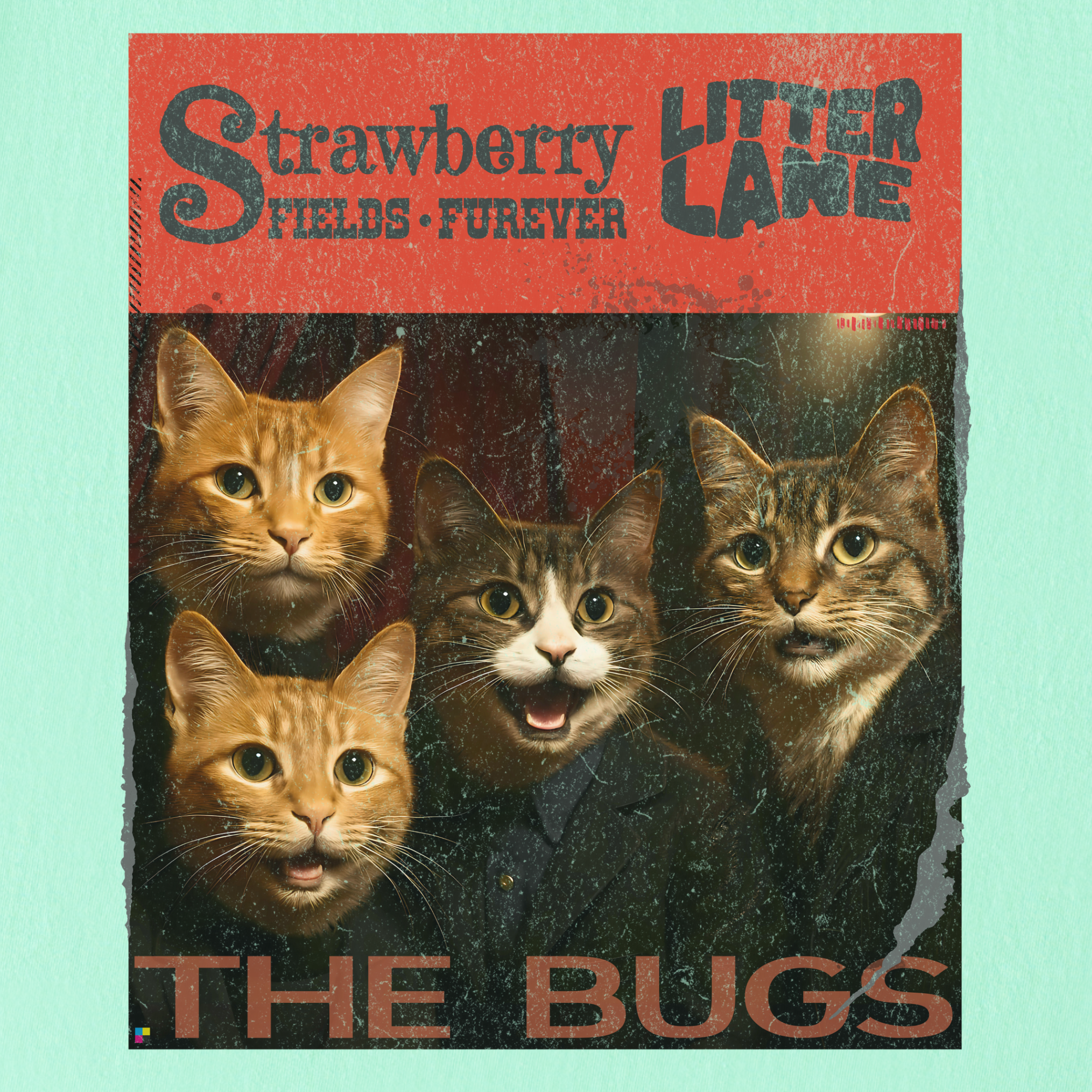 vintage-strawberry-fields-furever-litter-lane-famous-cat-musician-album-cover-cat-graphic-comfort-colors-t-shirt-in-island-reef - Island Reef Full Graphic