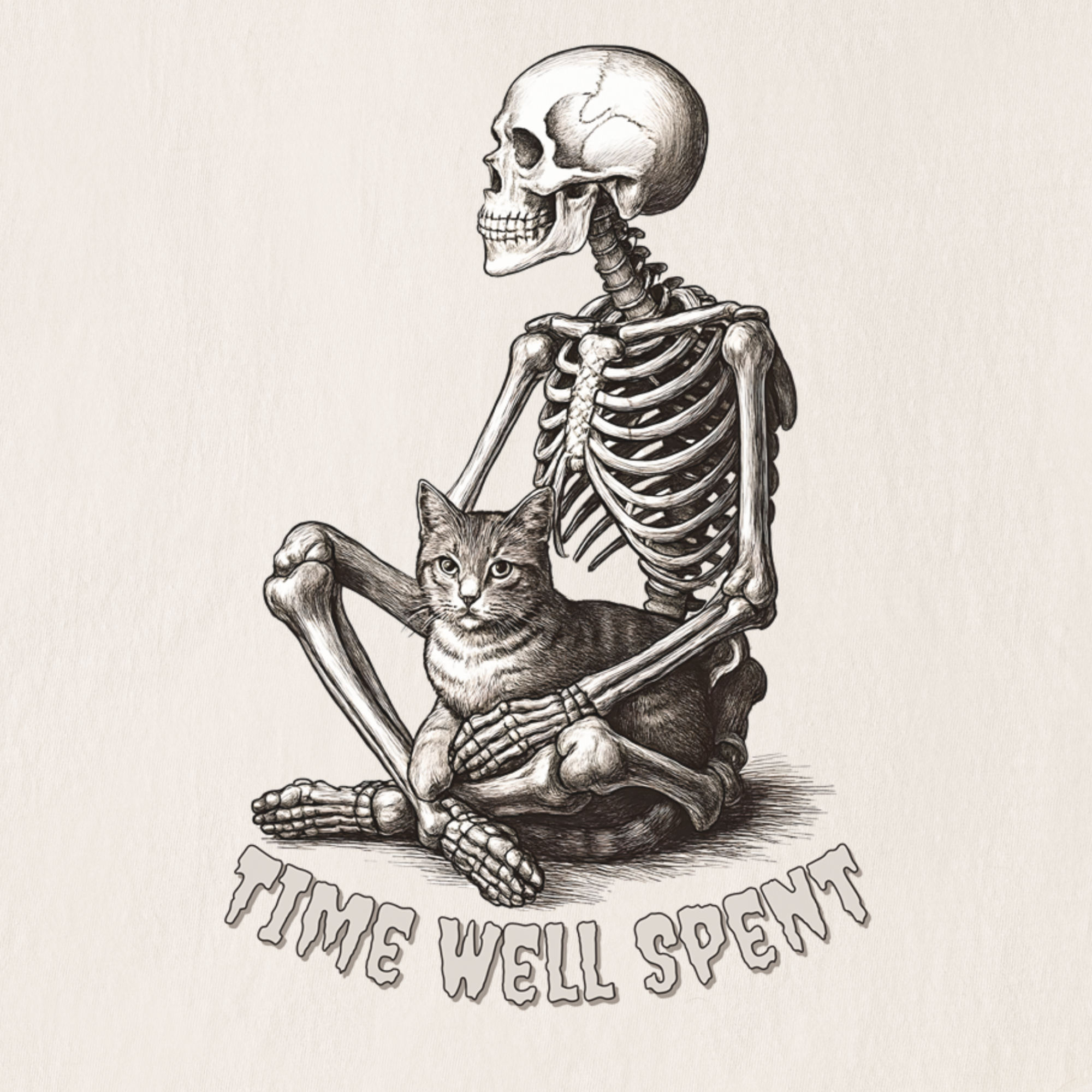 line-art-sit-still-skeleton-petting-cat-cat-skeleton-comfort-colors-t-shirt-in-ivory - Ivory Full Graphic