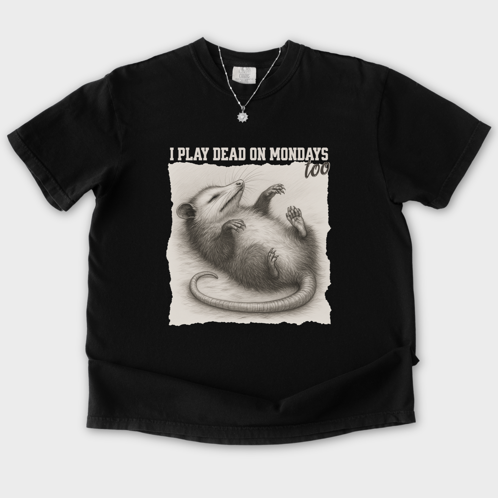 western-i-play-dead-on-mondays-too-feral-line-art-comfort-colors-t-shirt-in-black - Black Flat Lay Front