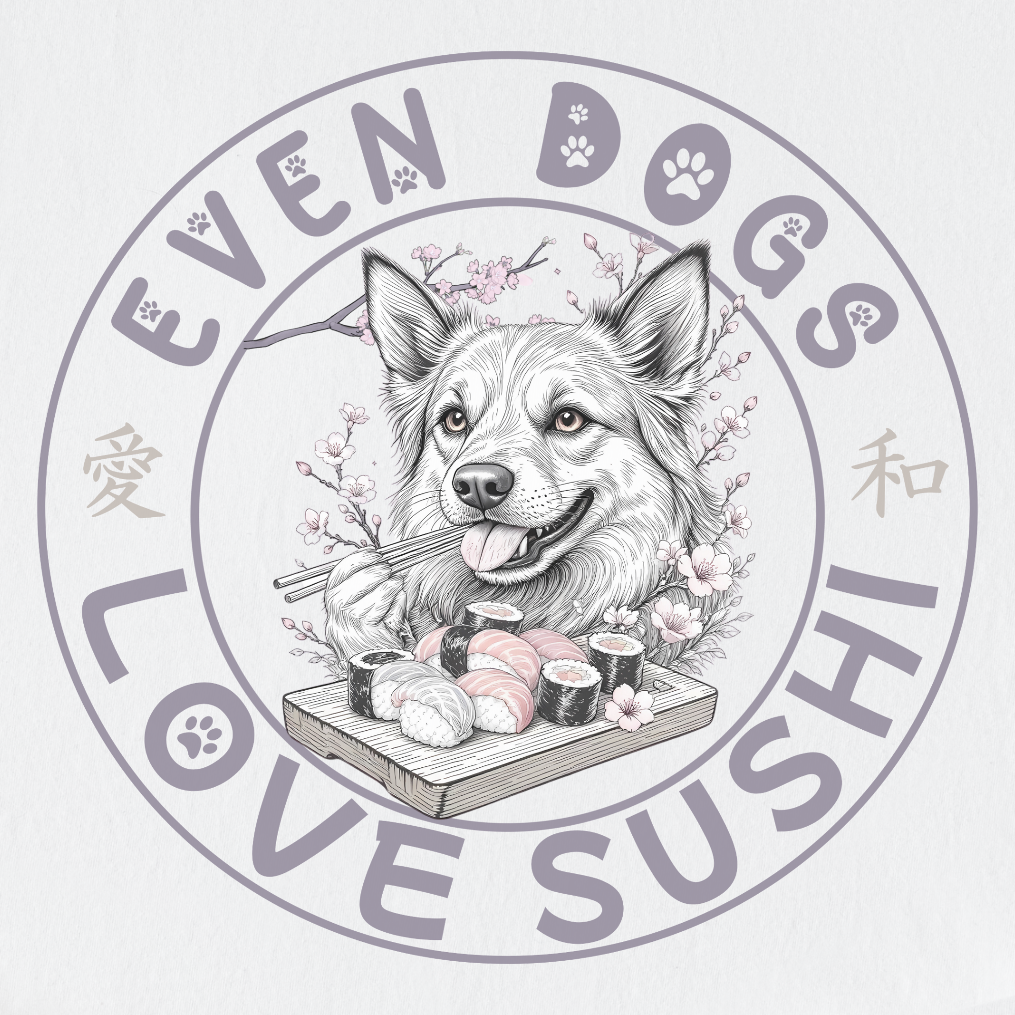 floral-even-dogs-love-sushi-plus-cherry-blossoms-dog-graphic-comfort-colors-t-shirt-in-white - White Full Graphic