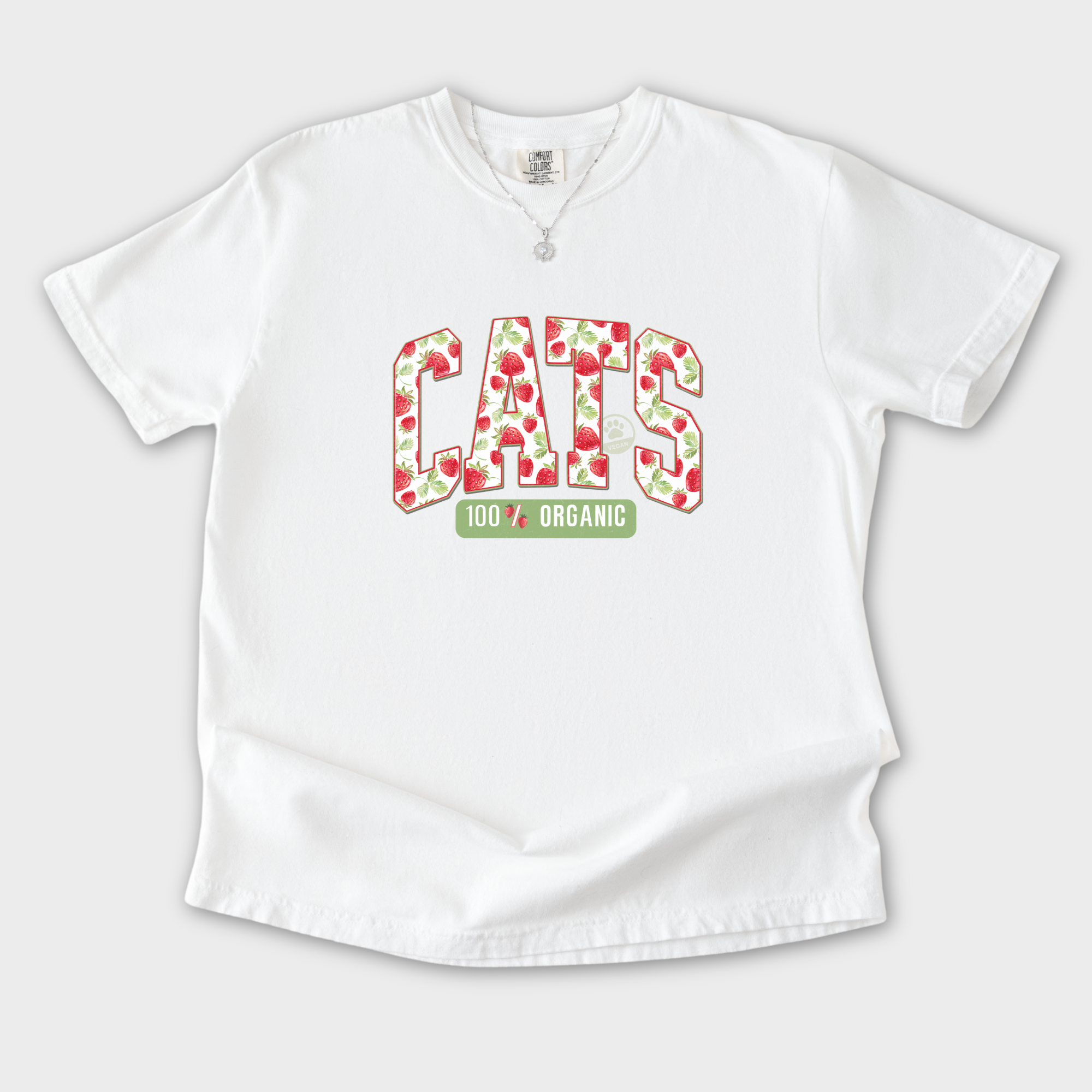 floral-vintage-strawberry-market-cats-organic-cat-text-comfort-colors-t-shirt-in-white - White Flat Lay Front