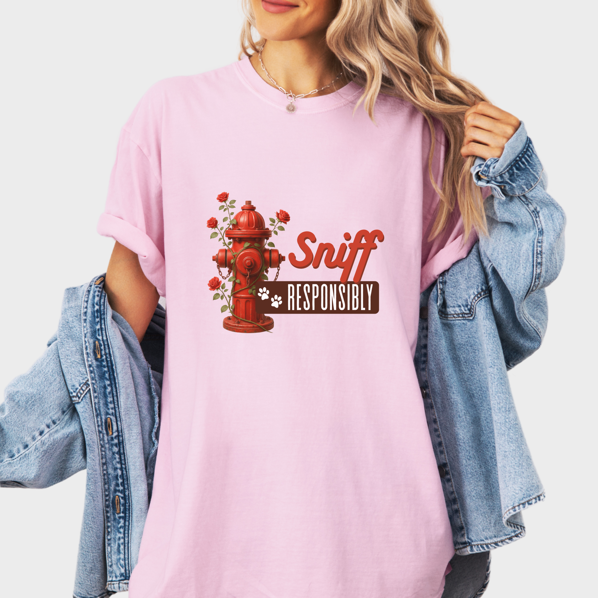 floral-sniff-responsibly-dog-graphic-comfort-colors-t-shirt-in-blossom - Blossom Lifestyle Female Model