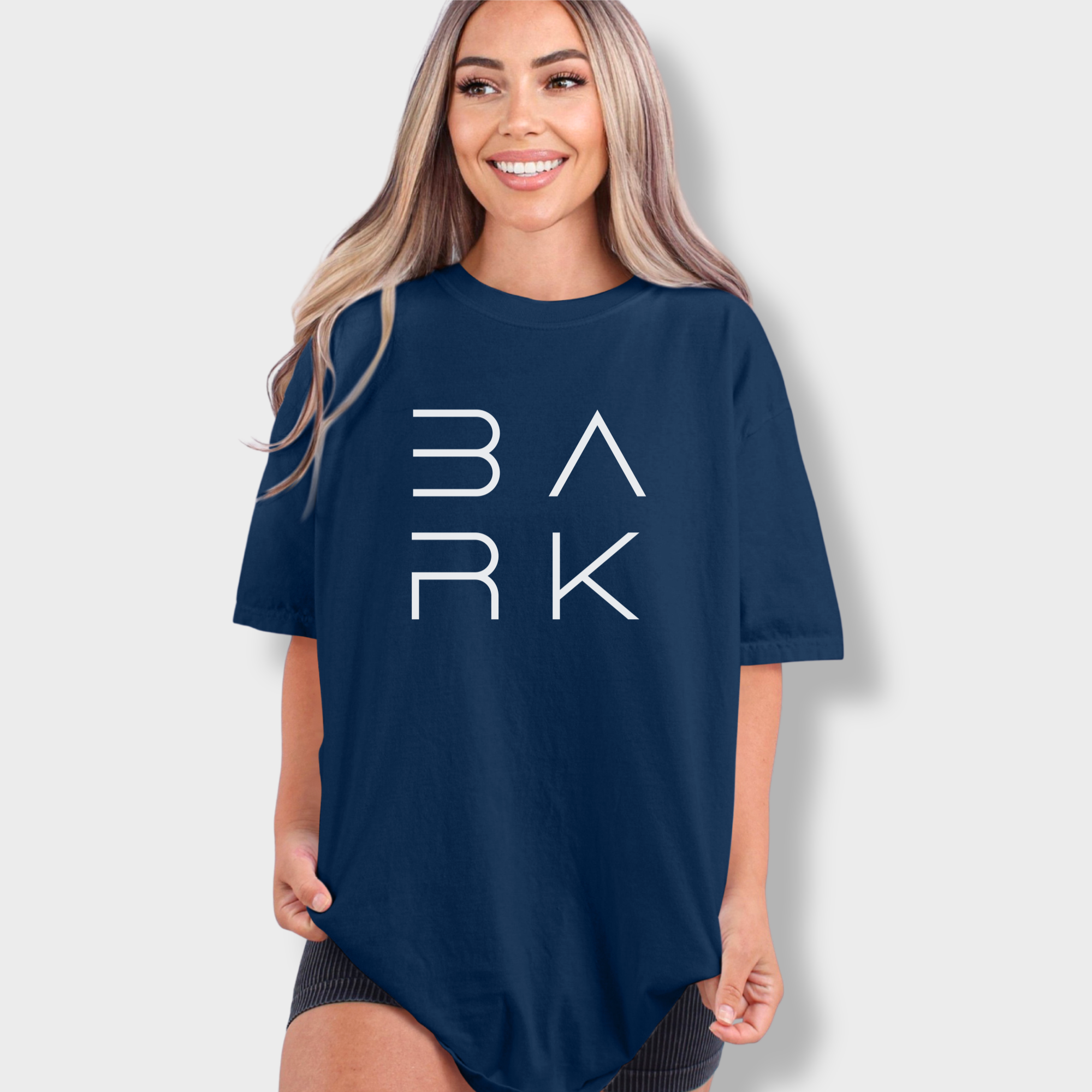minimalist-bark-modern-text-design-dog-text-comfort-colors-t-shirt-in-true-navy - True Navy Lifestyle Female Model