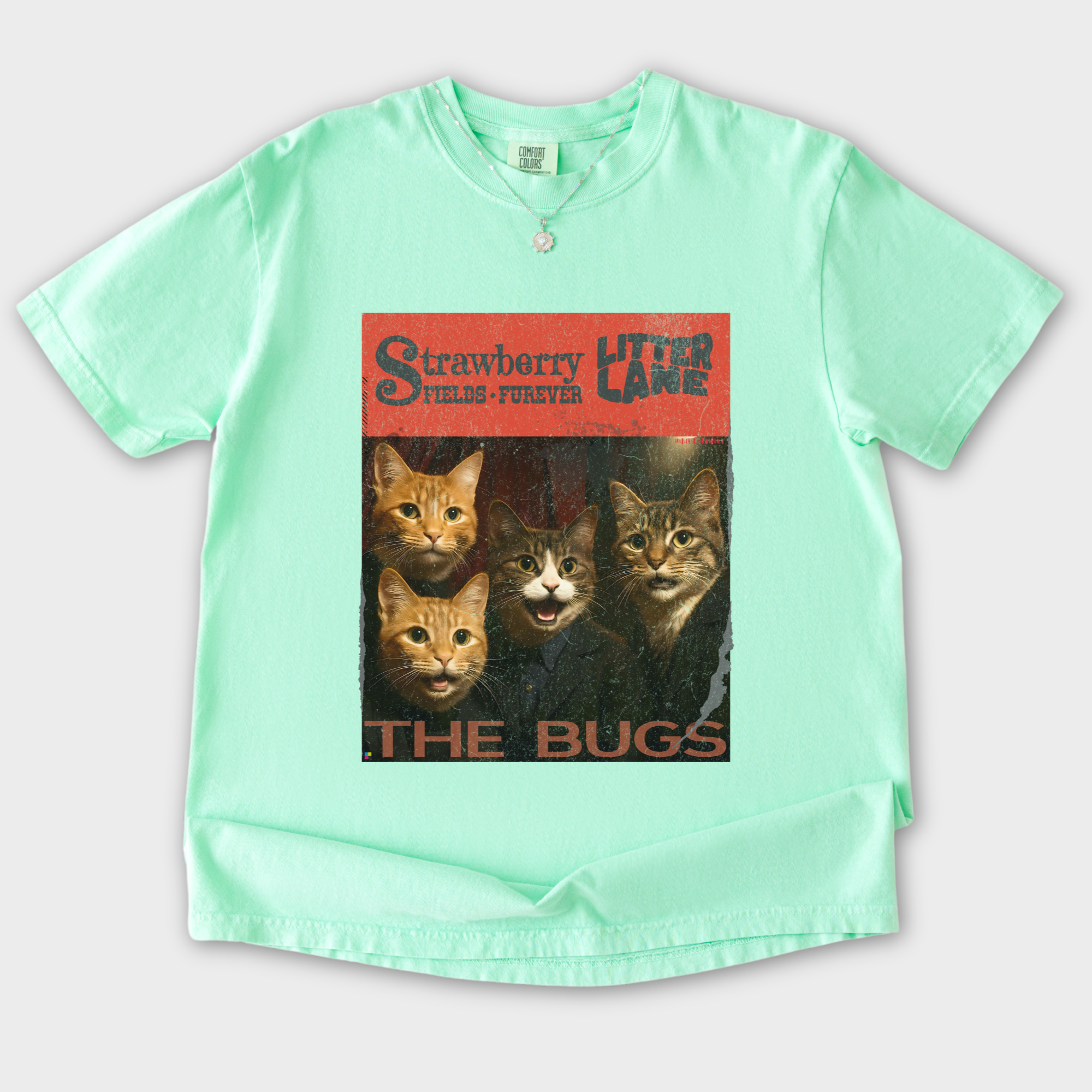 vintage-strawberry-fields-furever-litter-lane-famous-cat-musician-album-cover-cat-graphic-comfort-colors-t-shirt-in-island-reef - Island Reef Flat Lay Front