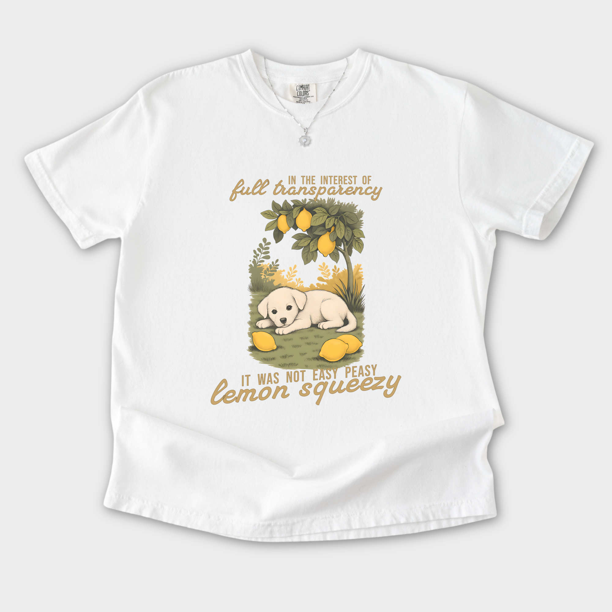 vintage-not-so-easy-lemon-squeezy-dog-dog-graphic-comfort-colors-t-shirt-in-white - White Flat Lay Front