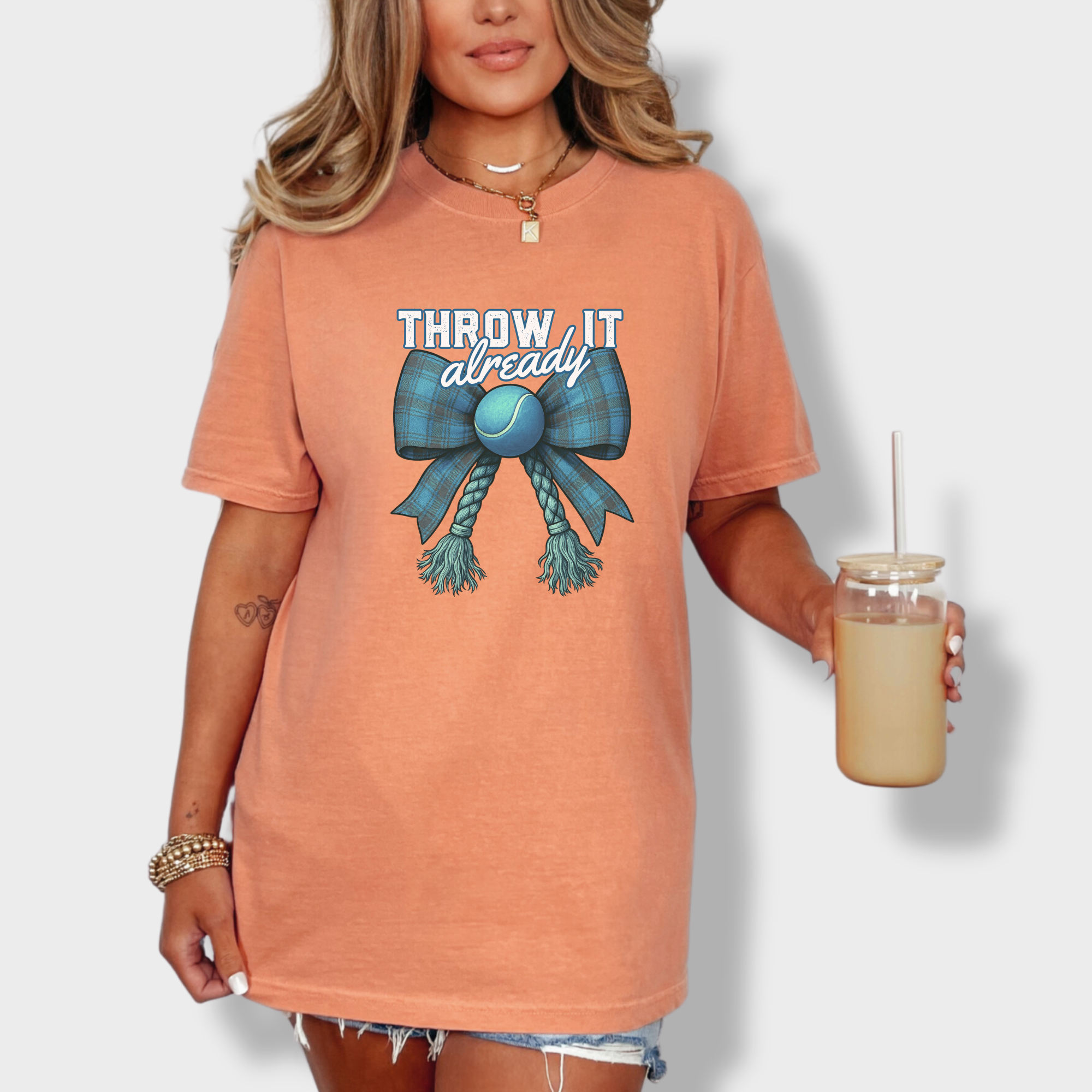retro-throw-it-already-dog-chew-toy-bow-in-blue-dog-bow-comfort-colors-t-shirt-in-terracotta - Terracotta Lifestyle Female Model