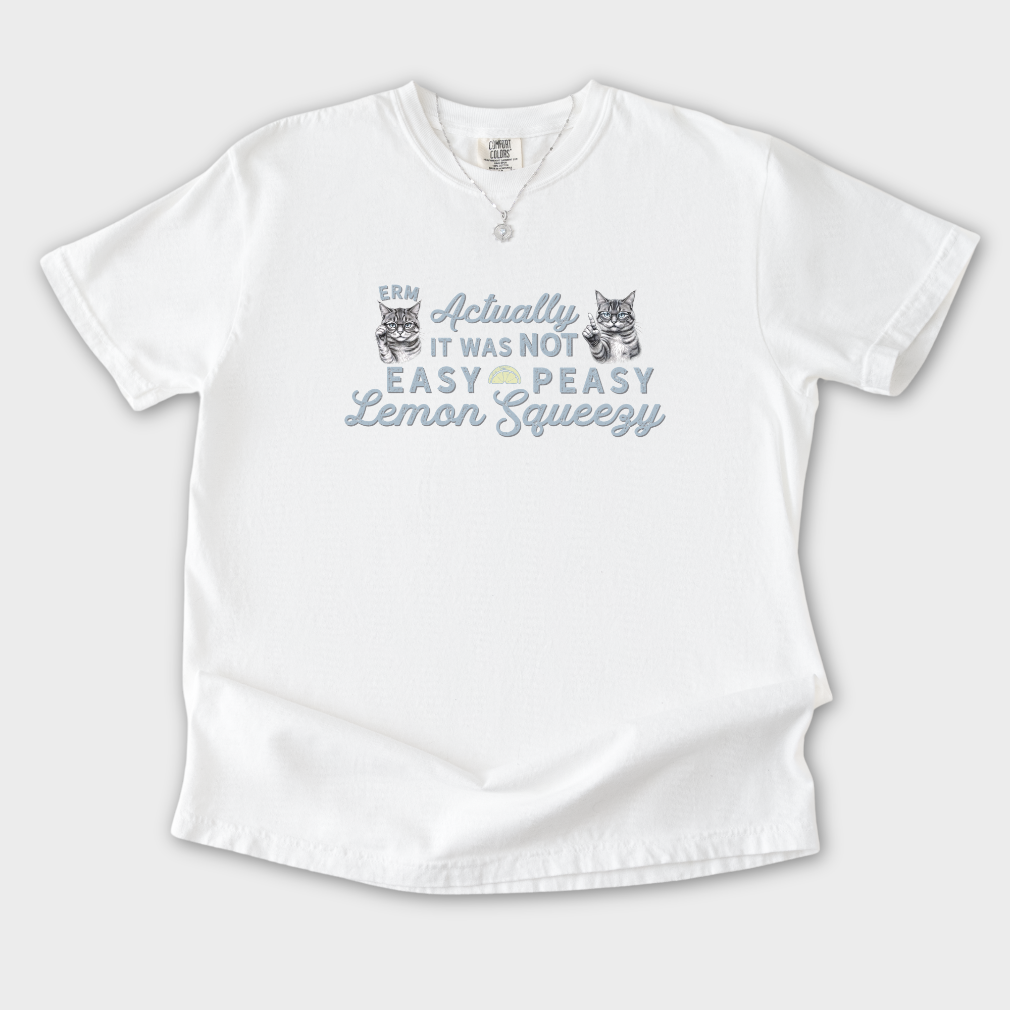 vintage-erm-actually-it-was-not-easy-peasy-lemon-squeezy-cat-line-art-comfort-colors-t-shirt-in-white - White Flat Lay Front
