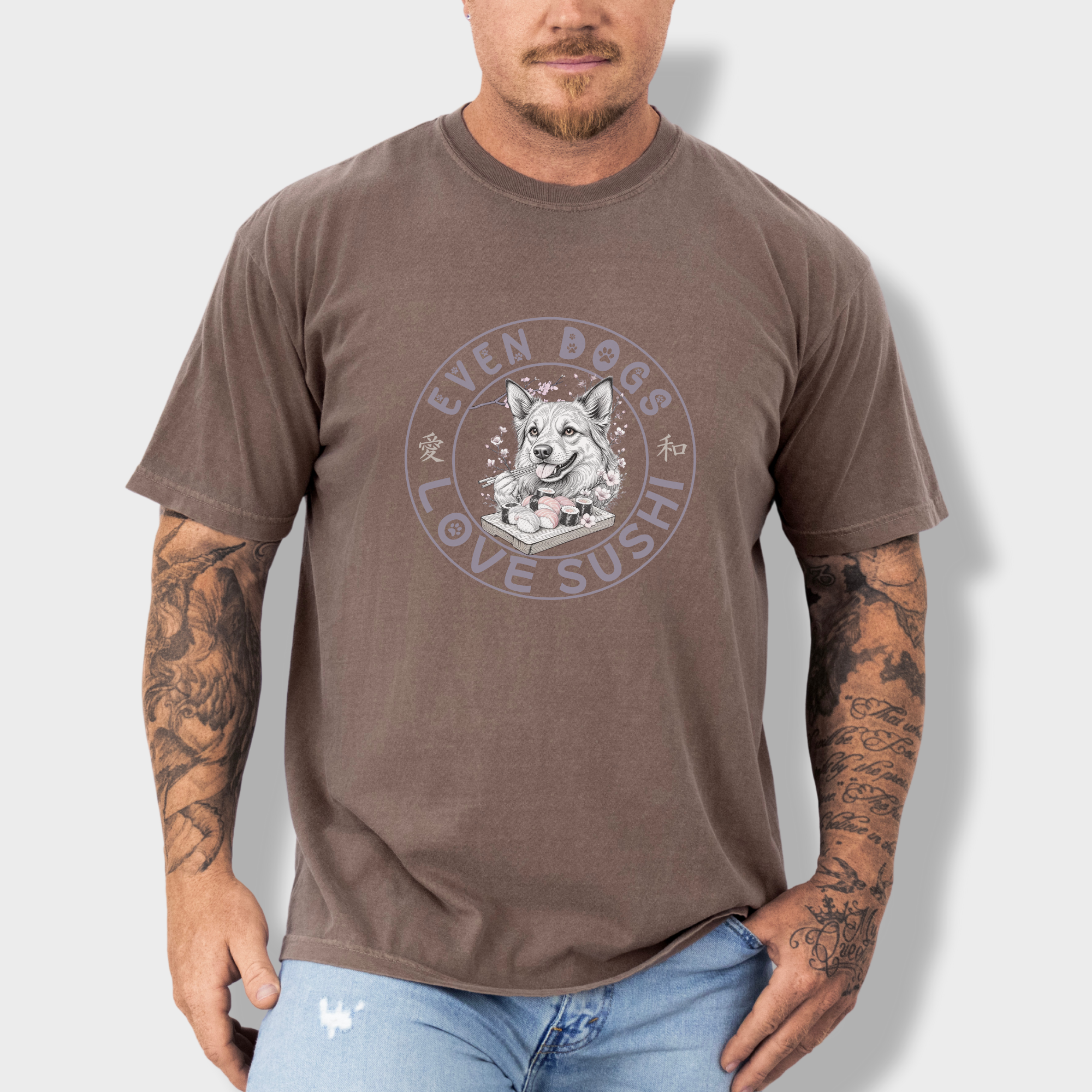 floral-even-dogs-love-sushi-plus-cherry-blossoms-dog-graphic-comfort-colors-t-shirt-in-espresso - Espresso Lifestyle Male Model