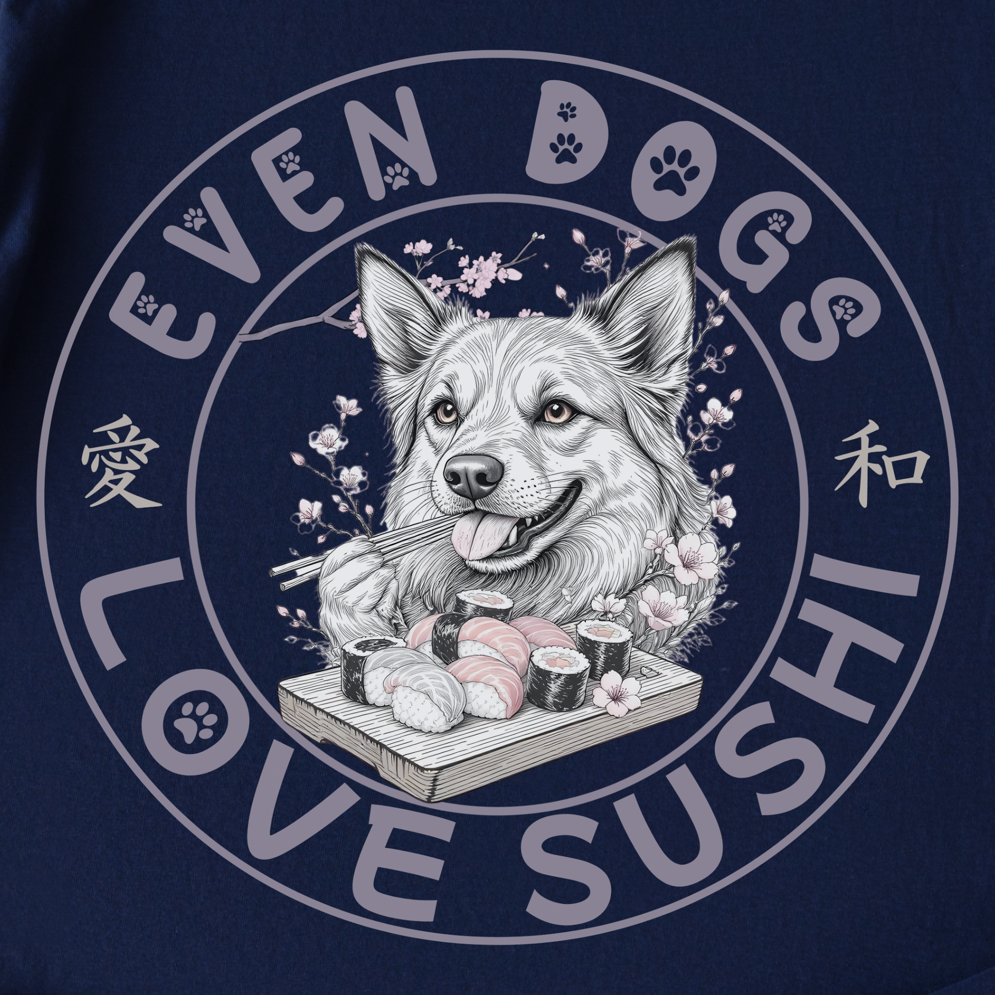 floral-even-dogs-love-sushi-plus-cherry-blossoms-dog-graphic-comfort-colors-t-shirt-in-true-navy - True Navy Full Graphic