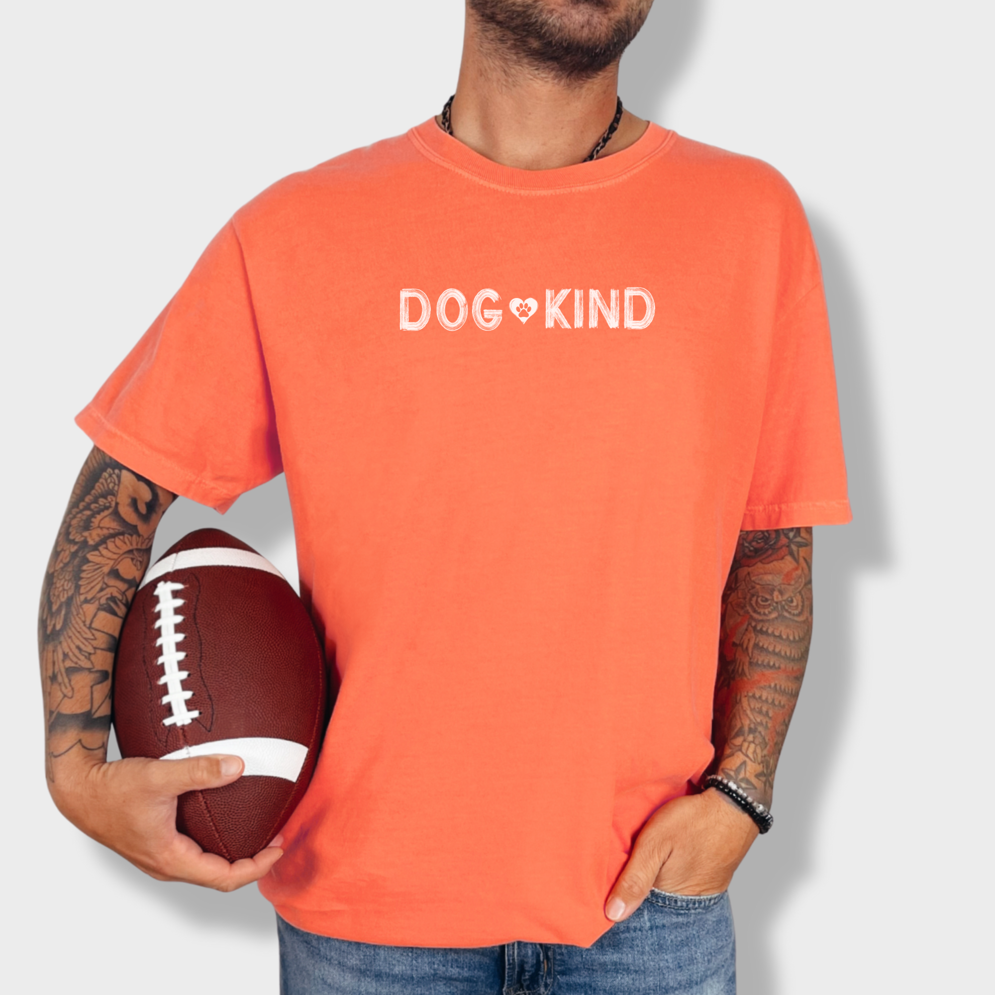 artistic-dogkind-dog-graphic-comfort-colors-t-shirt-in-bright-salmon - Bright Salmon Lifestyle Male Model