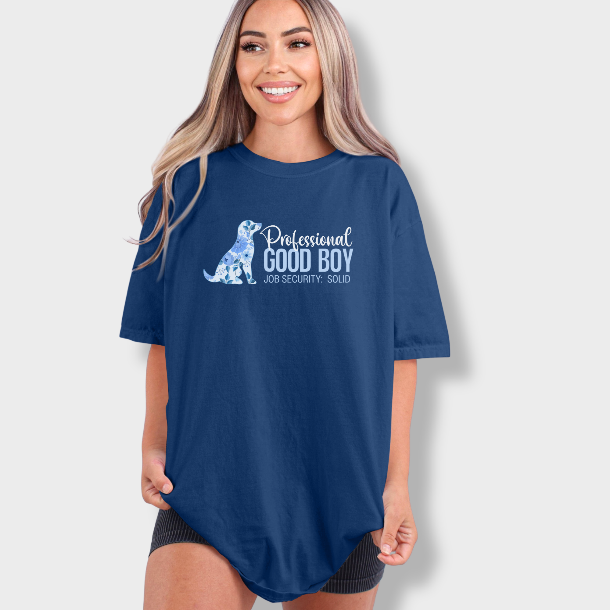 floral-professional-good-boy-solid-job-security-dog-graphic-comfort-colors-t-shirt-in-midnight - Midnight Lifestyle Female Model