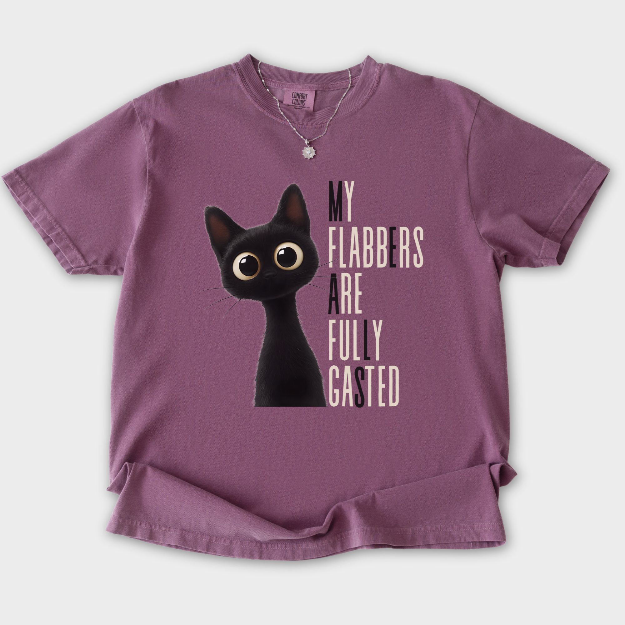 retro-my-flabbers-are-entirely-gasted-cat-graphic-comfort-colors-t-shirt-in-berry - Berry Flat Lay Front