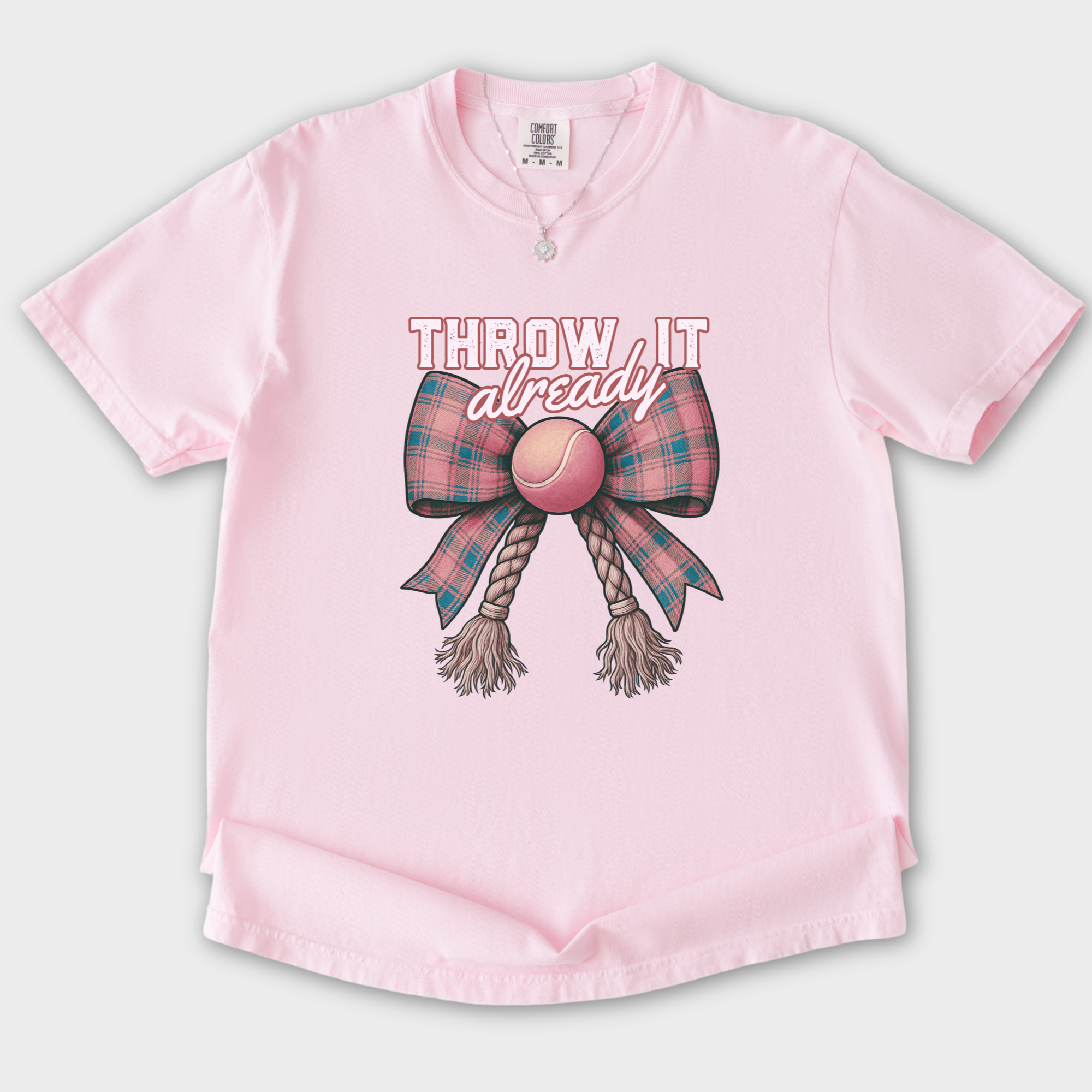 retro-throw-it-already-dog-chew-toy-bow-in-pink-dog-bow-comfort-colors-t-shirt-in-blossom - Blossom Flat Lay Front