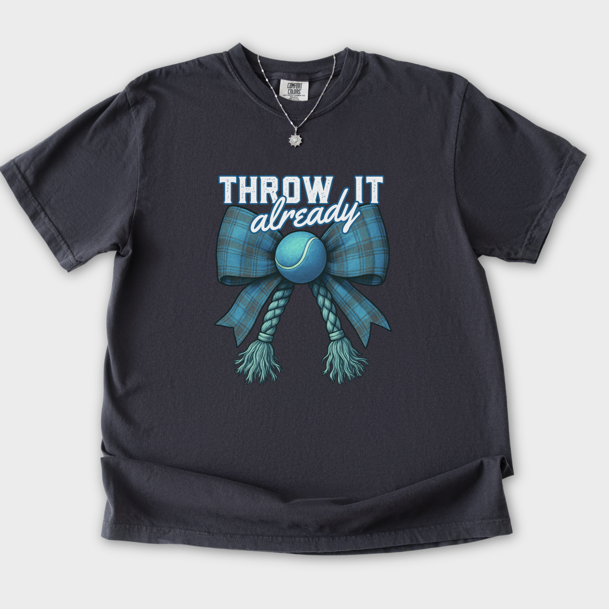 retro-throw-it-already-dog-chew-toy-bow-in-blue-dog-bow-comfort-colors-t-shirt-in-graphite - Graphite Flat Lay Front