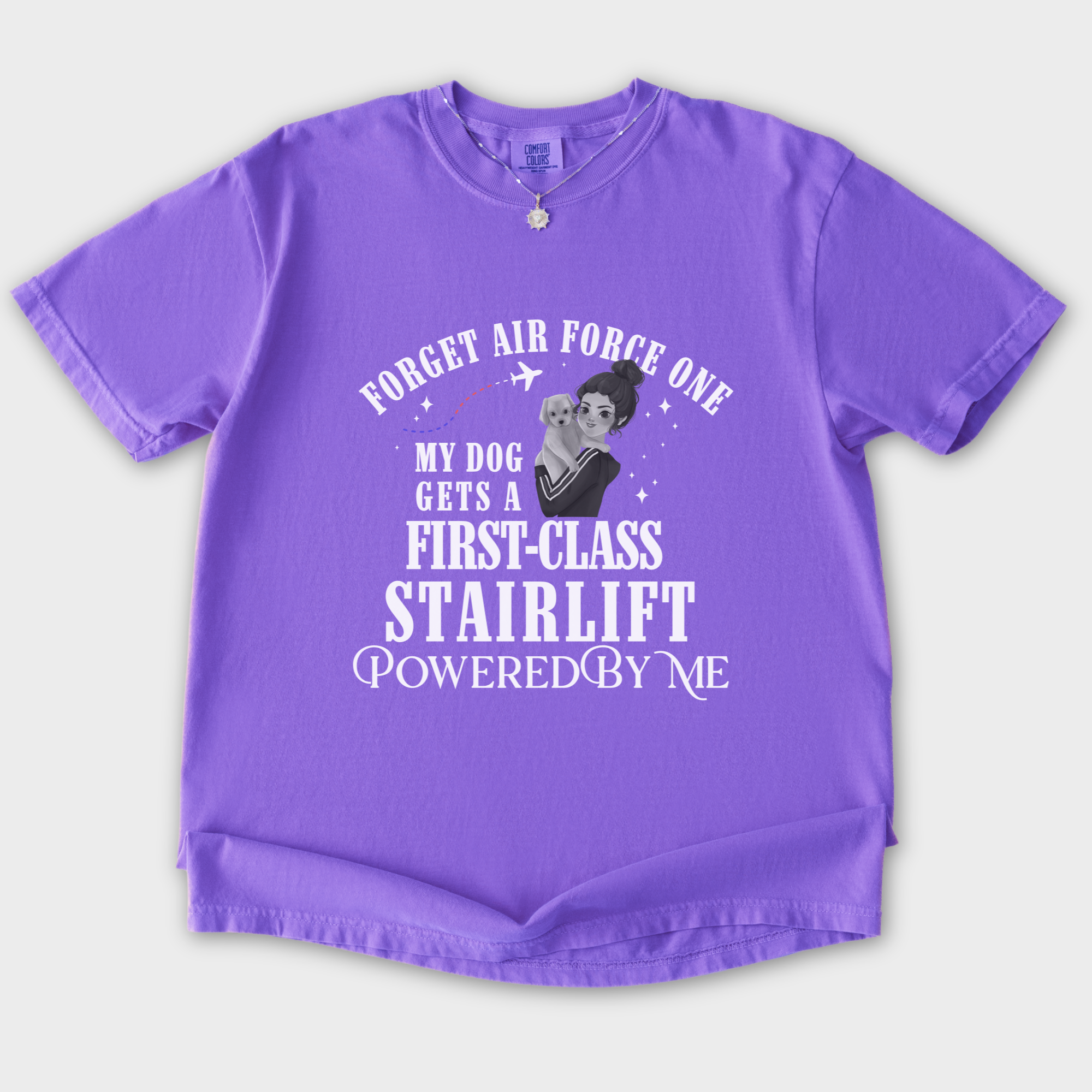 minimalist-forget-air-force-one-first-class-stairlift-dog-text-comfort-colors-t-shirt-in-violet - Violet Flat Lay Front