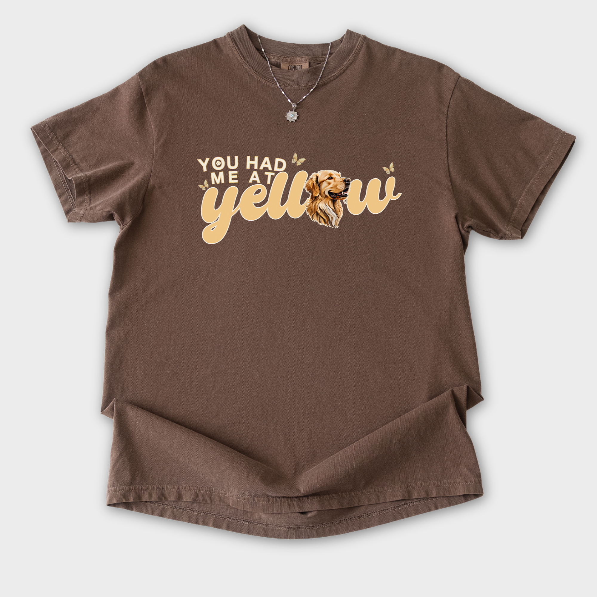 movie-inspired-you-had-me-at-yellow-labrardor-retreiver-dog-text-comfort-colors-t-shirt-in-espresso - Espresso Flat Lay Front