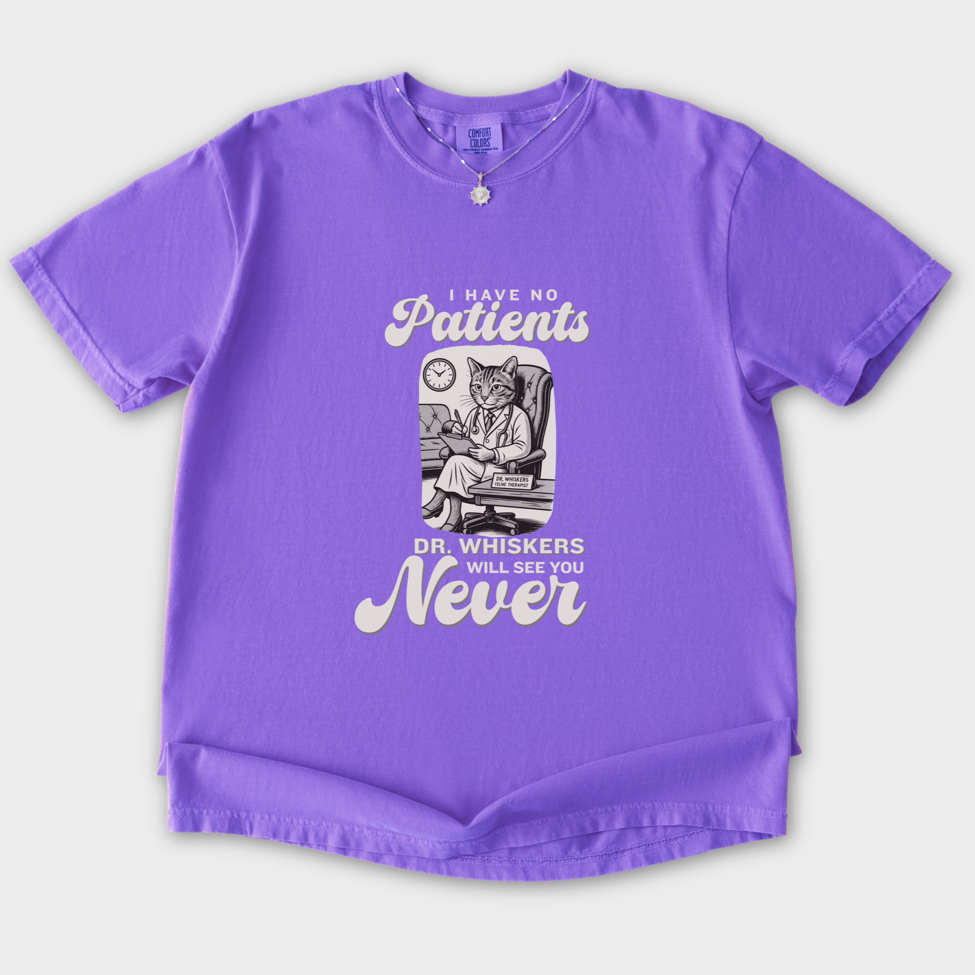 retro-i-have-no-patients-cat-graphic-comfort-colors-t-shirt-in-violet - Violet Flat Lay Front
