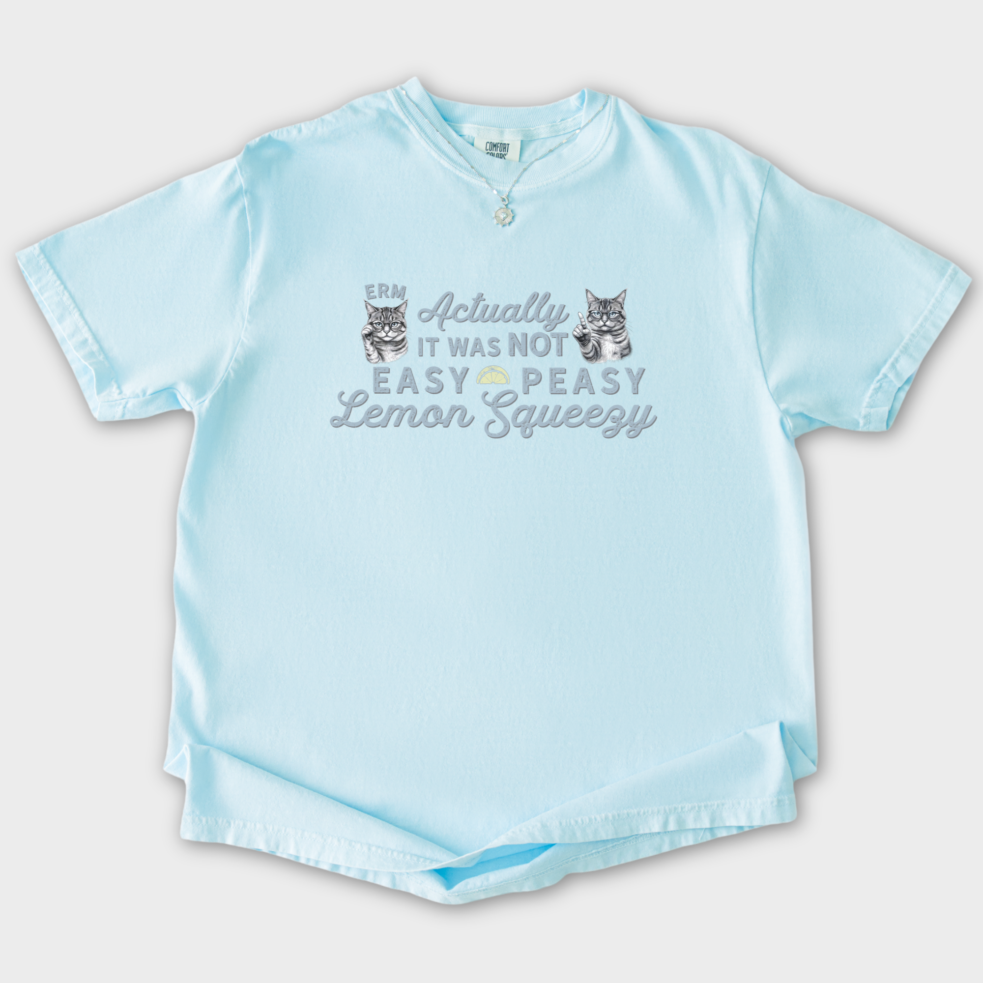 vintage-erm-actually-it-was-not-easy-peasy-lemon-squeezy-cat-line-art-comfort-colors-t-shirt-in-chambray - Chambray Flat Lay Front