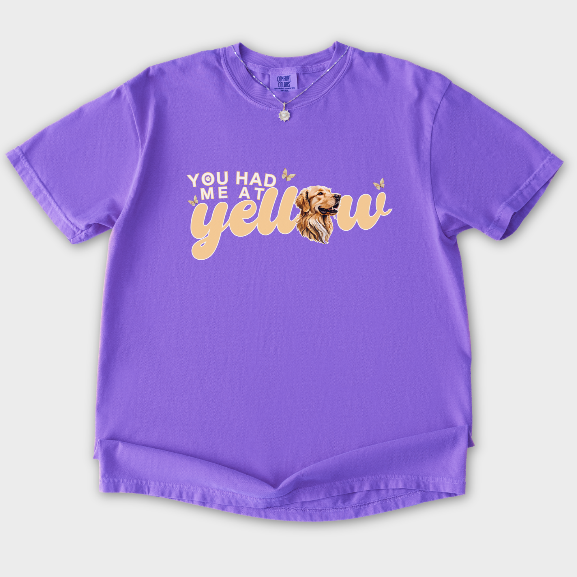 movie-inspired-you-had-me-at-yellow-labrardor-retreiver-dog-text-comfort-colors-t-shirt-in-violet - Violet Flat Lay Front