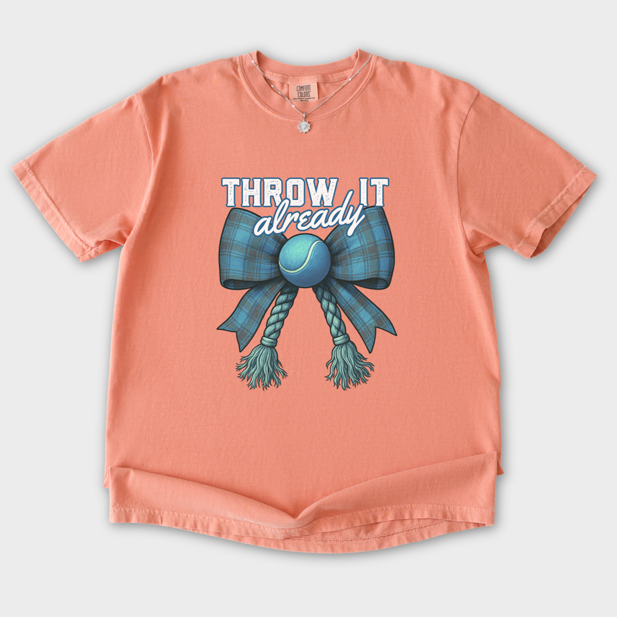 retro-throw-it-already-dog-chew-toy-bow-in-blue-dog-bow-comfort-colors-t-shirt-in-terracotta - Terracotta Flat Lay Front