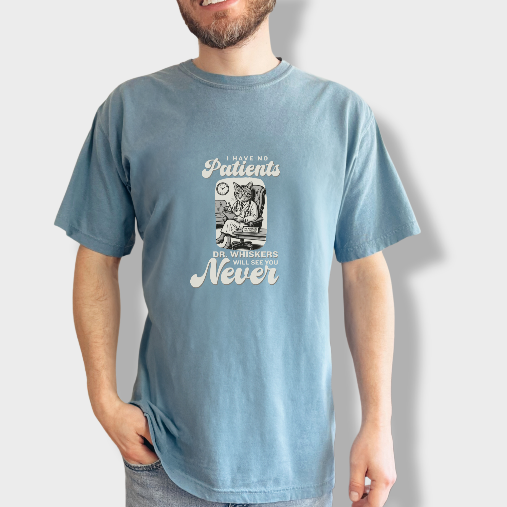 retro-i-have-no-patients-cat-graphic-comfort-colors-t-shirt-in-ice-blue - Ice Blue Lifestyle Male Model