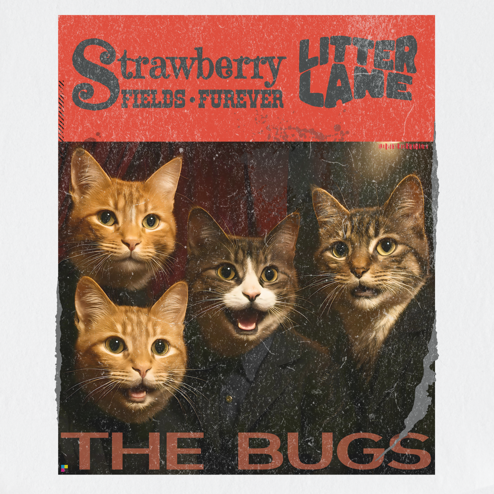 vintage-strawberry-fields-furever-litter-lane-famous-cat-musician-album-cover-cat-graphic-comfort-colors-t-shirt-in-white - White Full Graphic